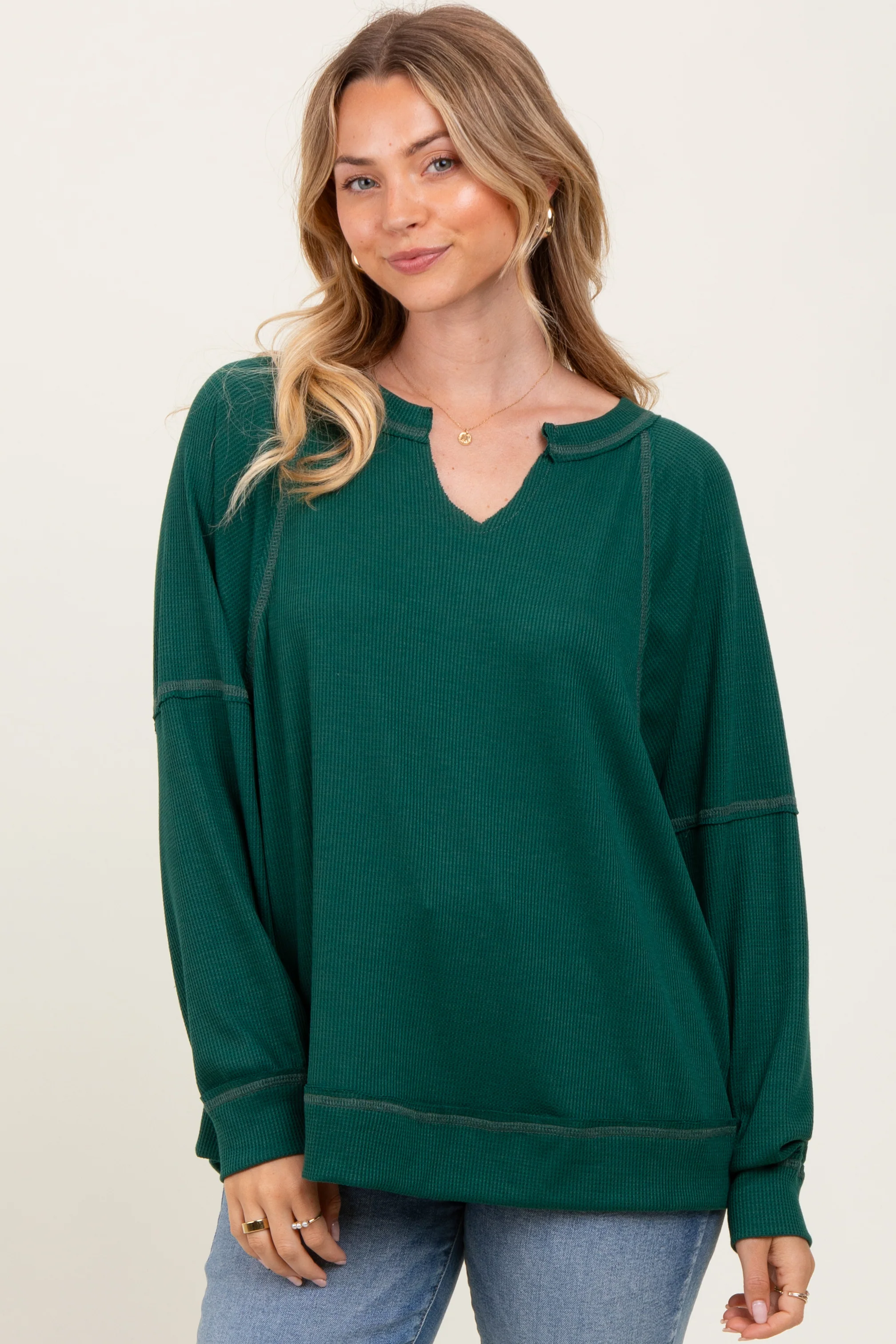 Forest Green Oversized V-Neck Waffle Knit Maternity Long Sleeve Top - Image 4