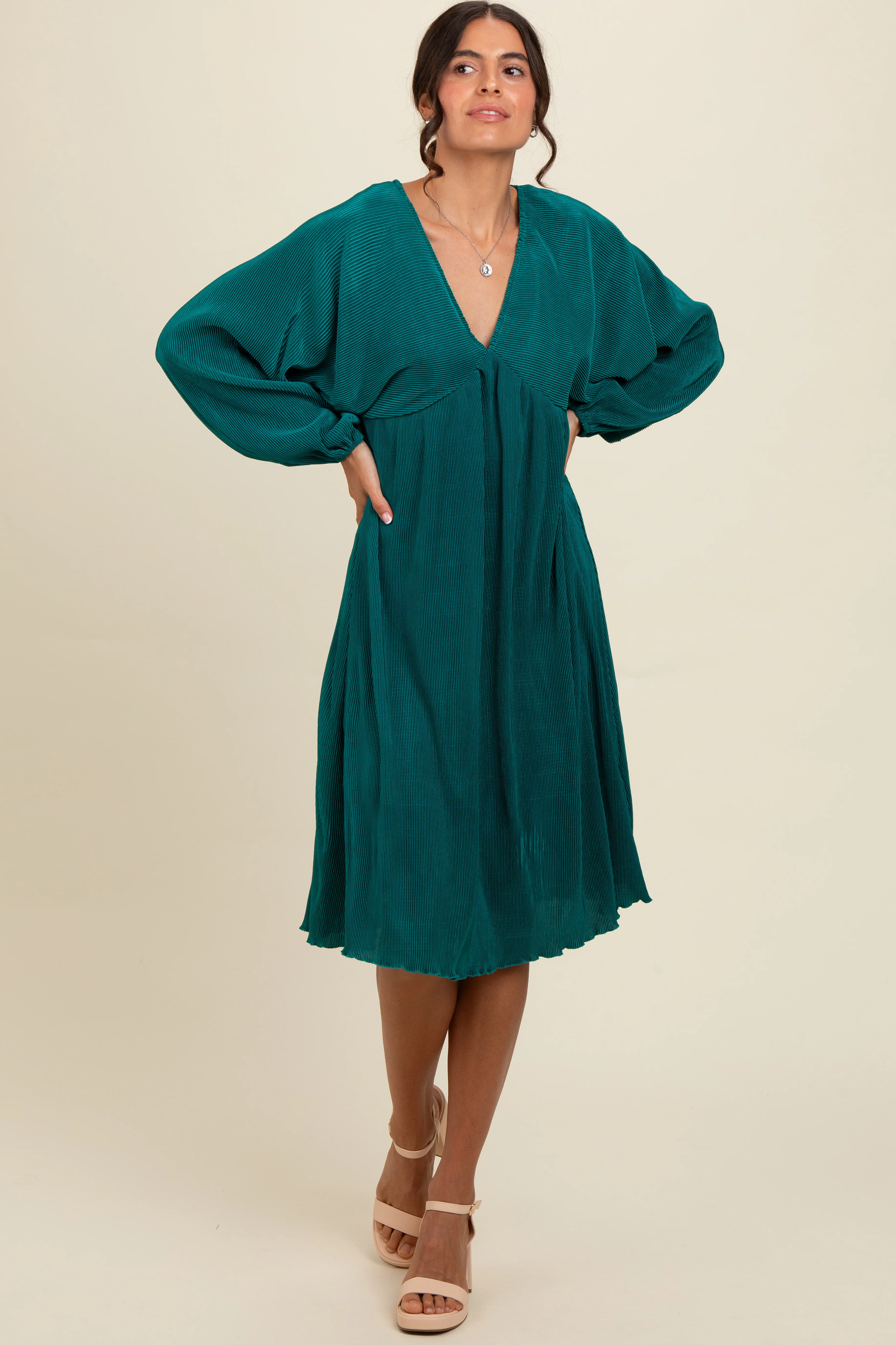 Forest Green Pleated Deep V-Neck Maternity Midi Dress - Image 4