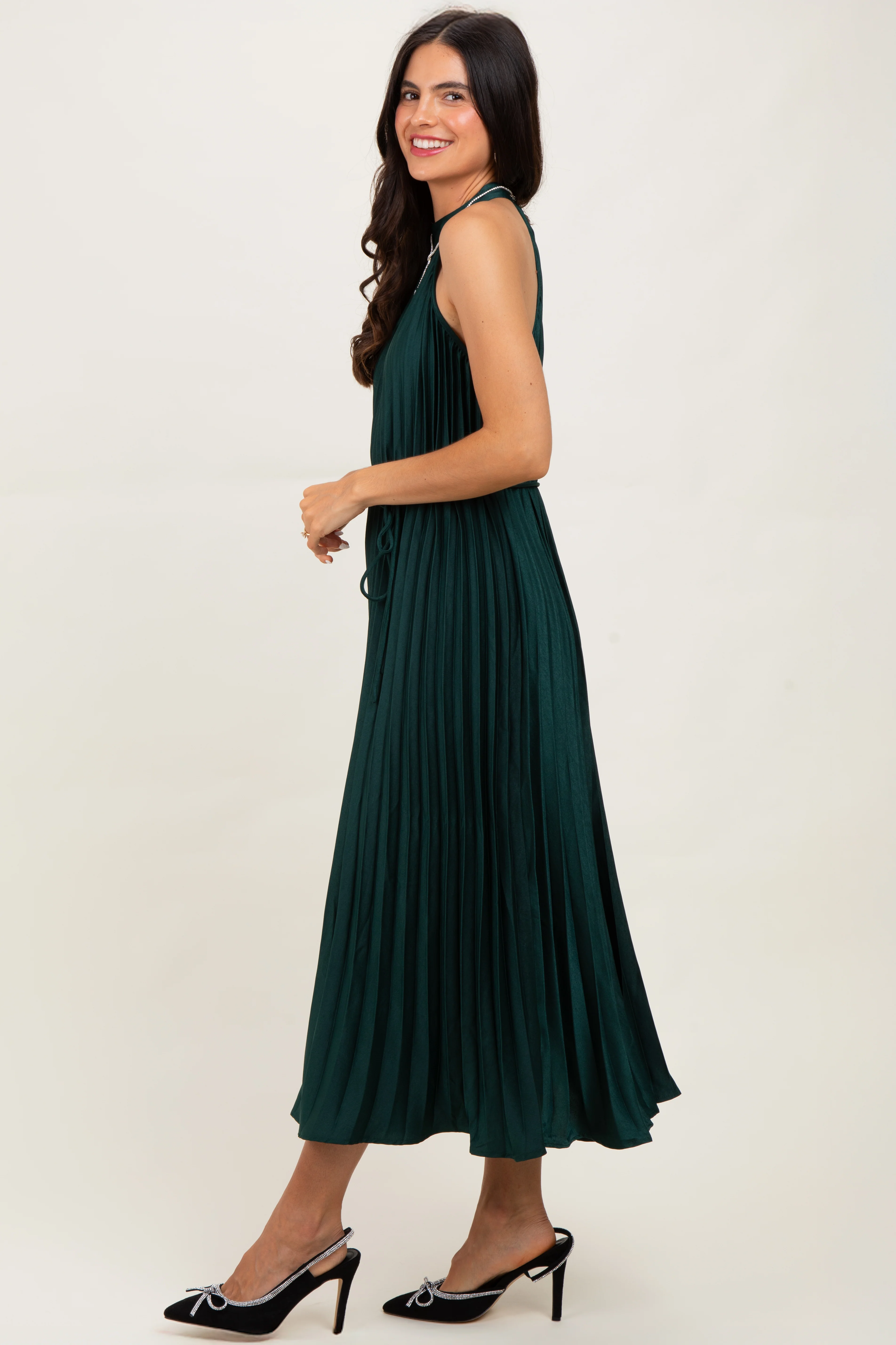 Forest Green Pleated Halter Dress - Image 3