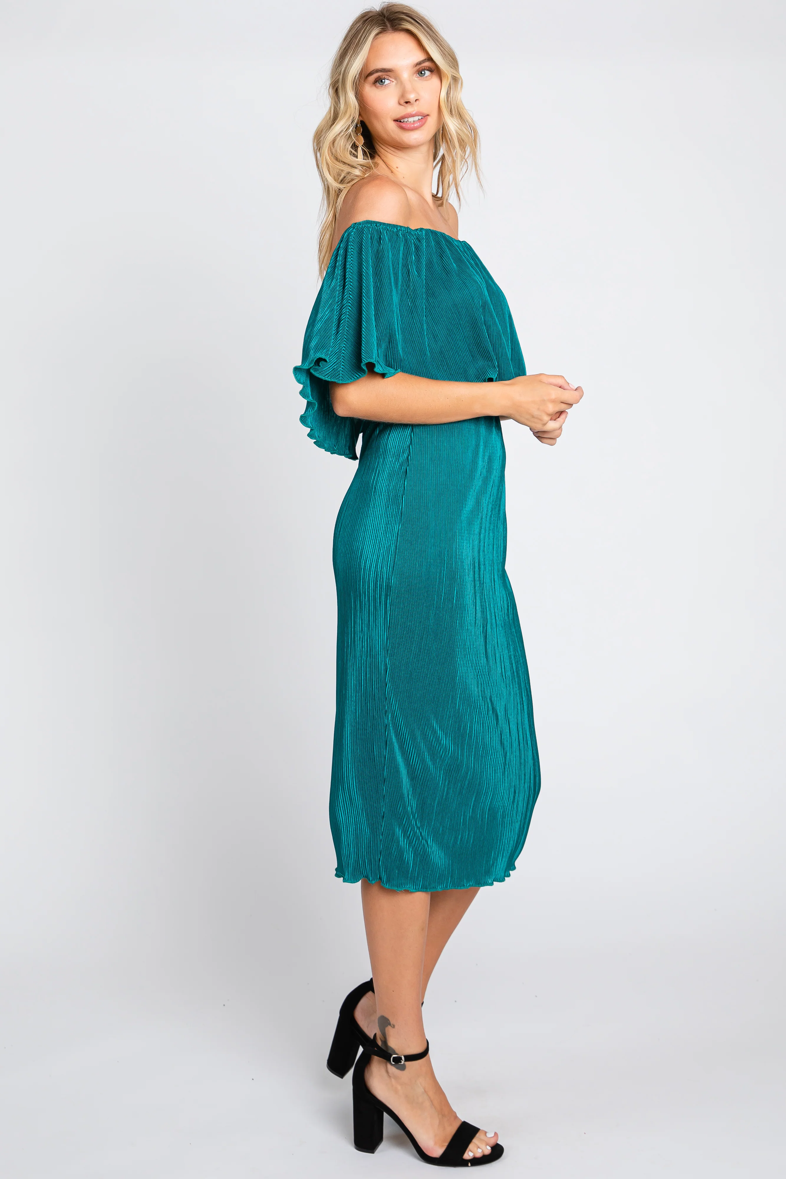 Forest Green Pleated Rib Off Shoulder Dress - Image 2