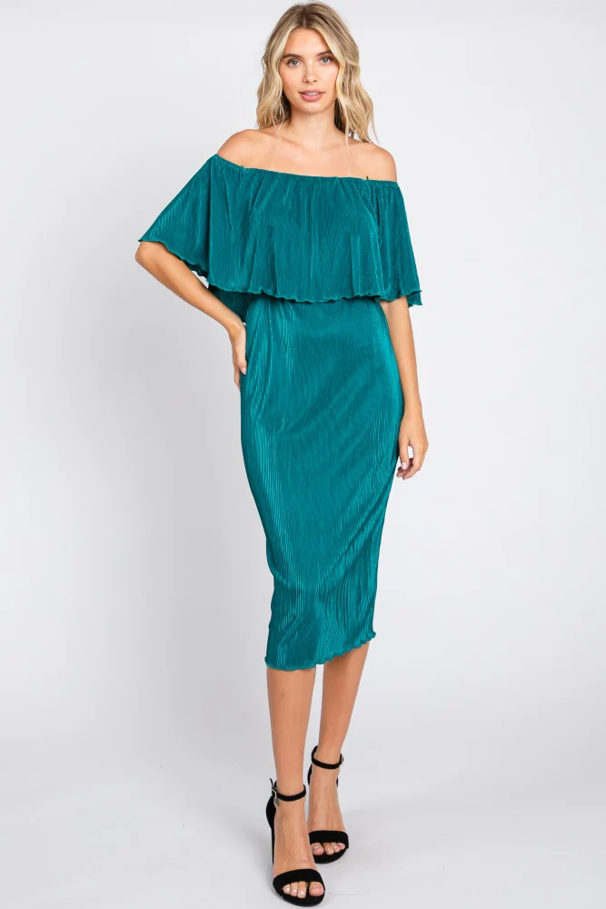 Forest Green Pleated Rib Off Shoulder Maternity Dress - Image 4