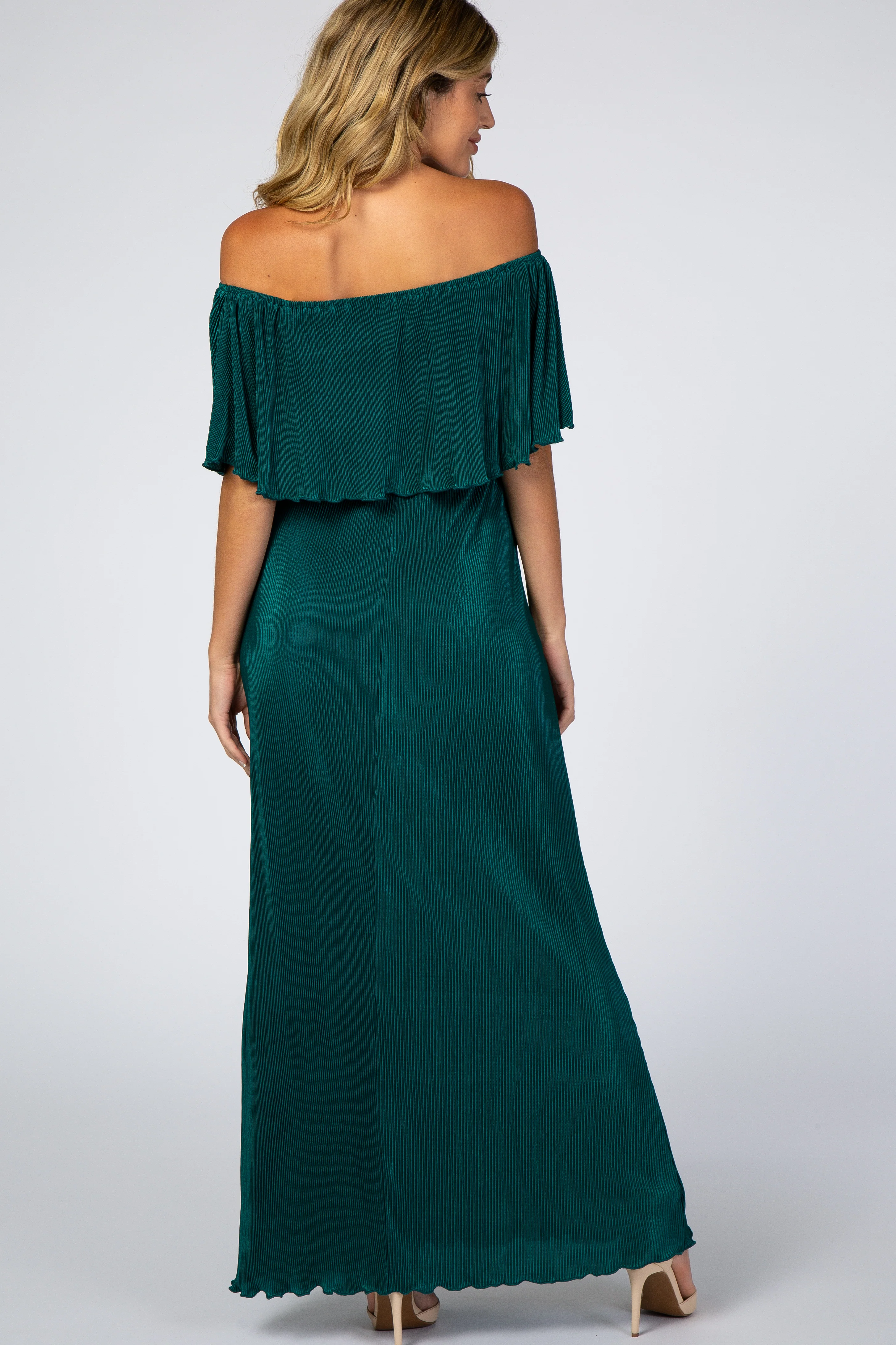 Forest Green Pleated Ruffle Off Shoulder Maternity Maxi Dress - Image 3