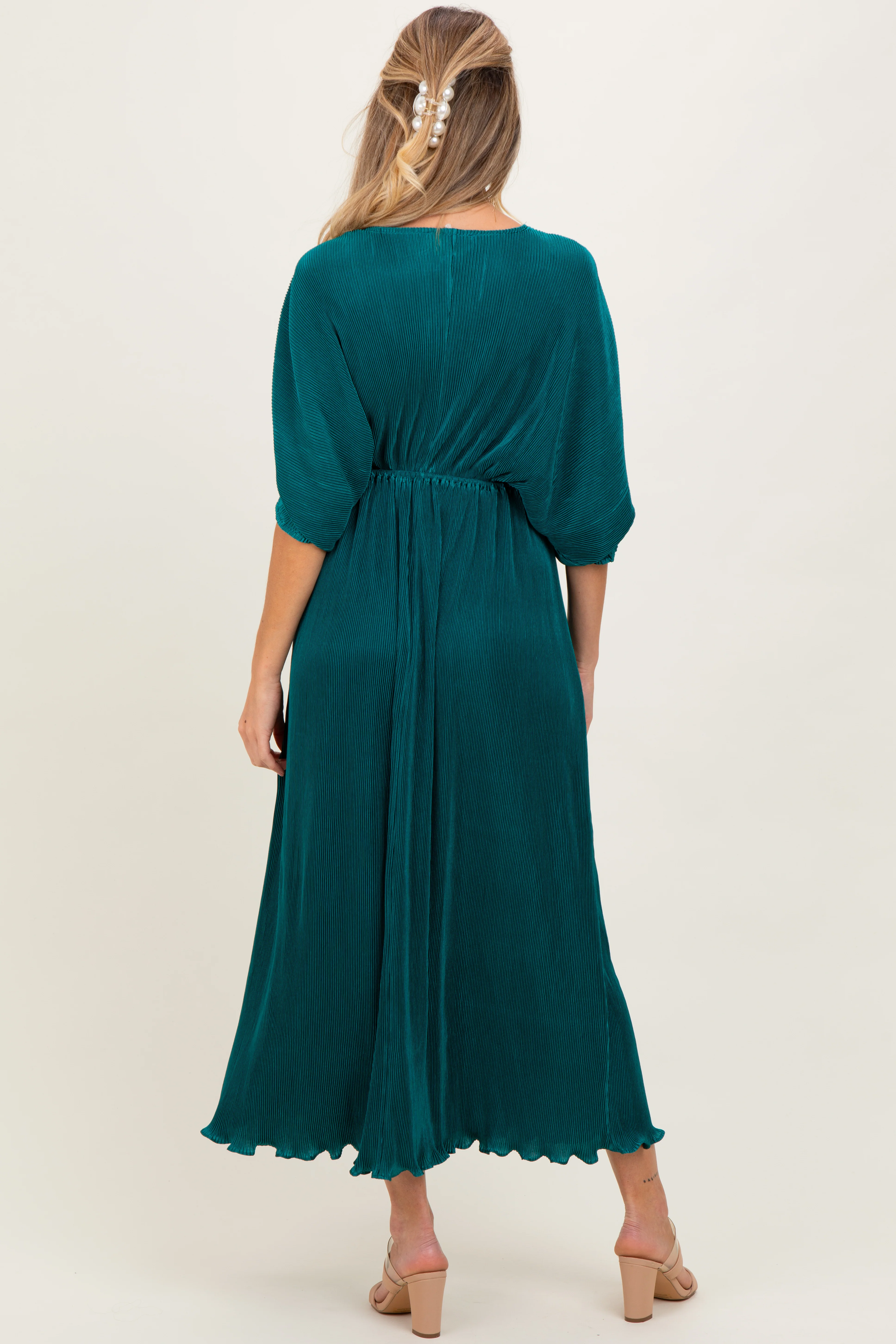 Forest Green Pleated Satin Dolman Sleeve Maternity Maxi Dress - Image 4