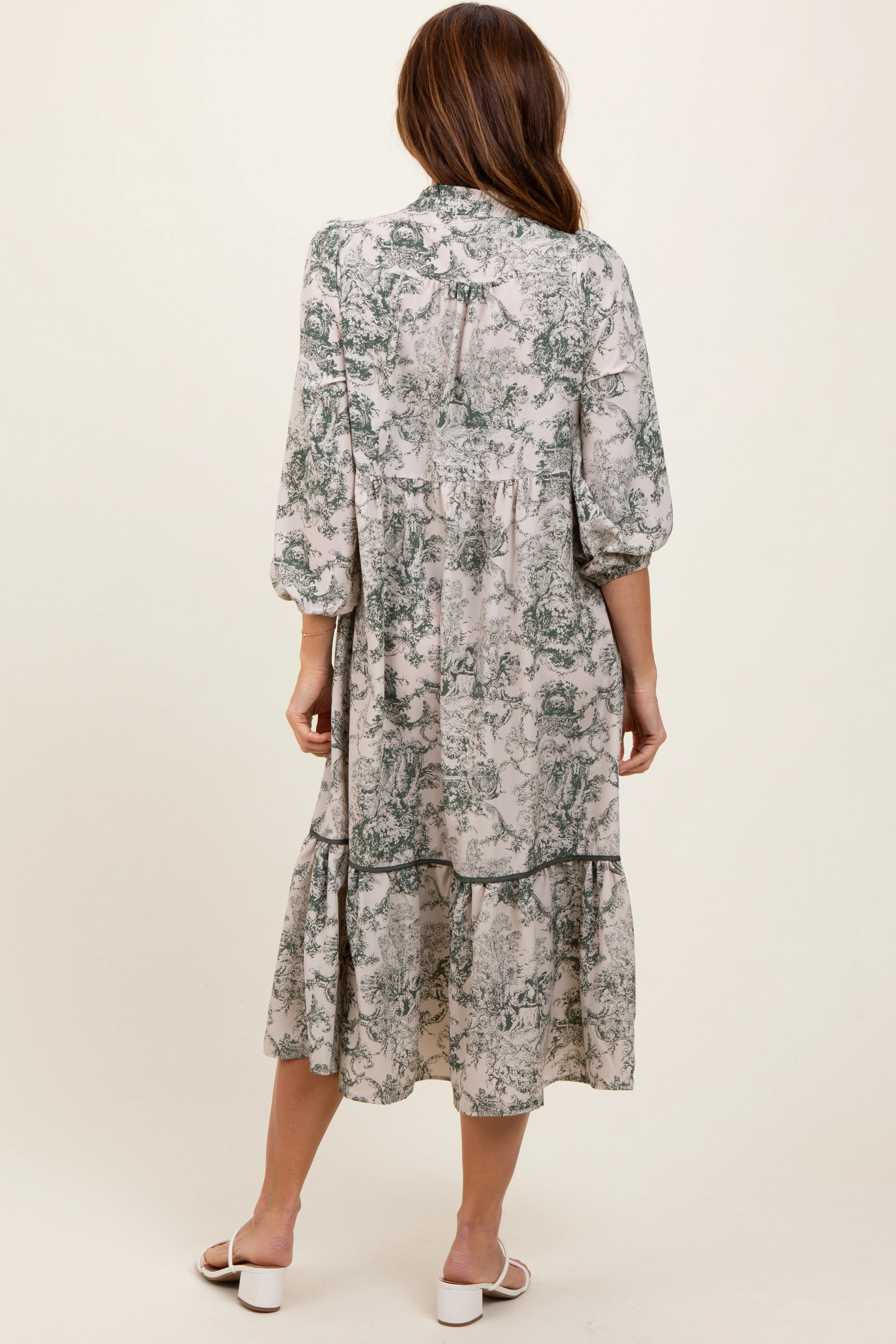 Forest Green Printed Split Ruffle Collar Midi Dress - Image 4