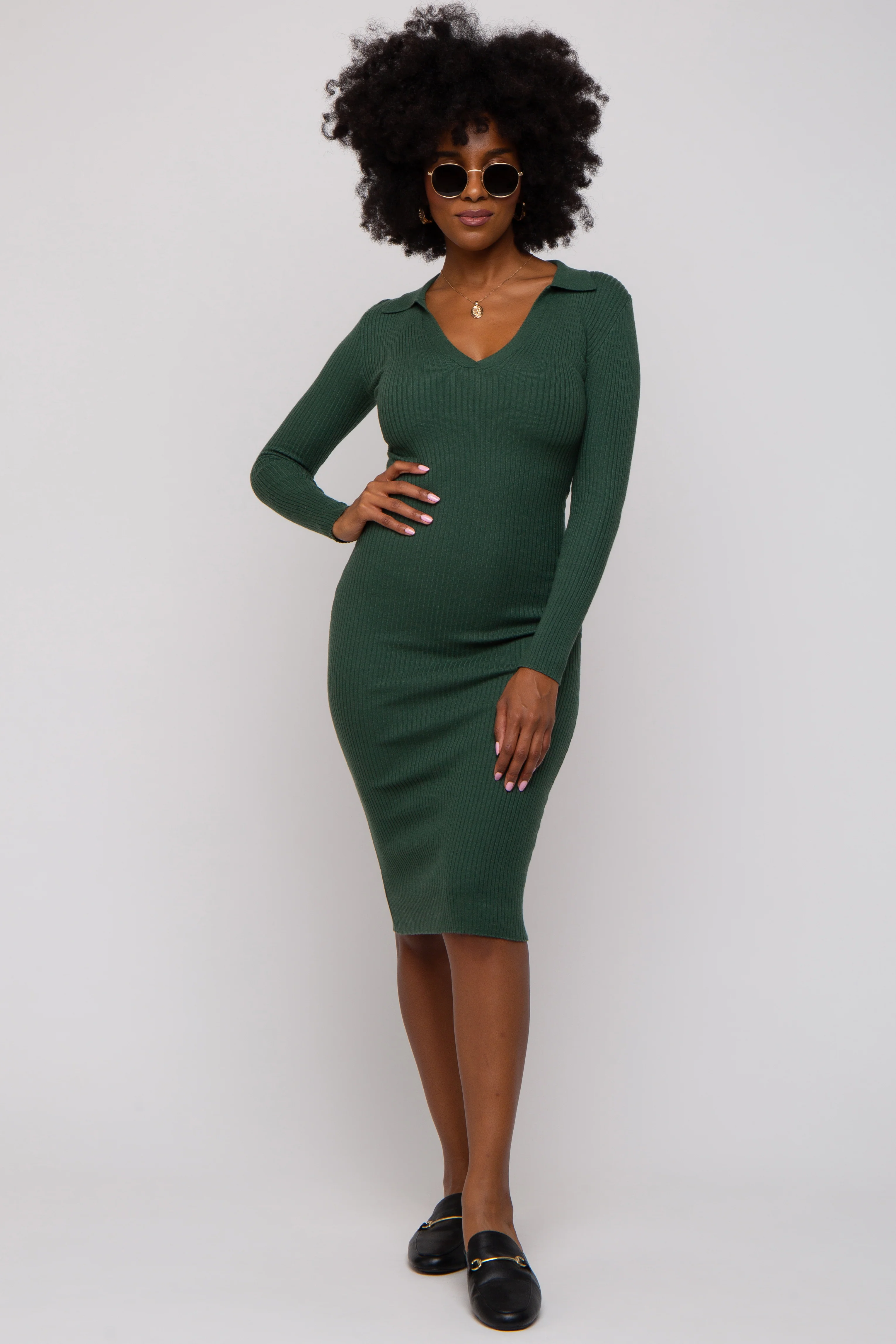 Forest Green Ribbed Knit Fitted Dress - Image 4