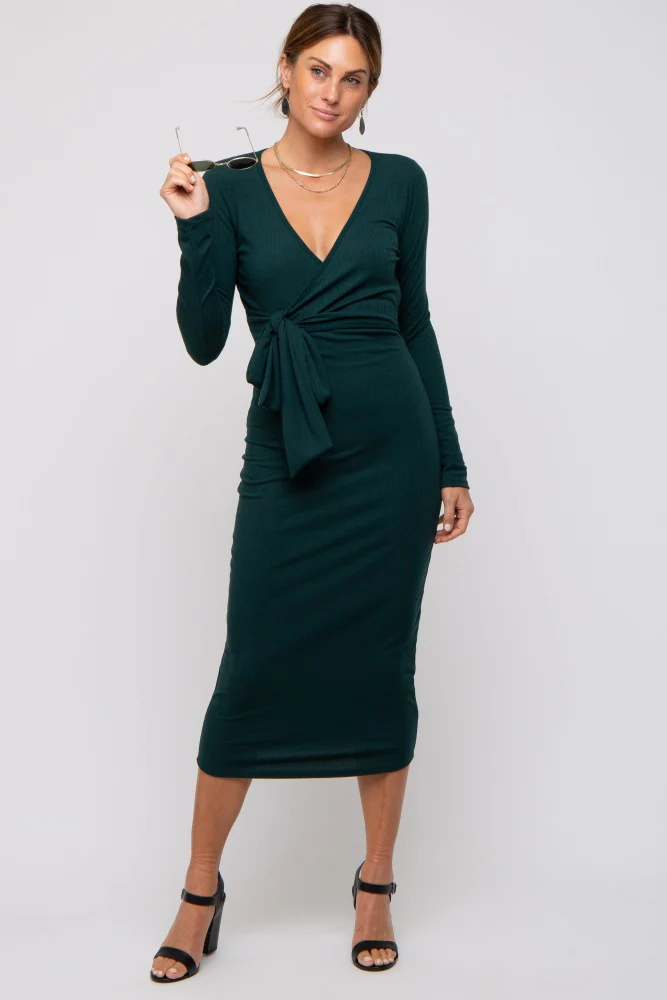 Forest Green Ribbed Long Sleeve Wrap Dress - Image 8