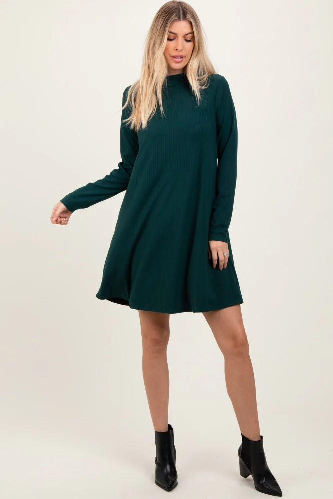 Forest Green Ribbed Mock Neck Long Sleeve Basic Maternity Dress - Image 5