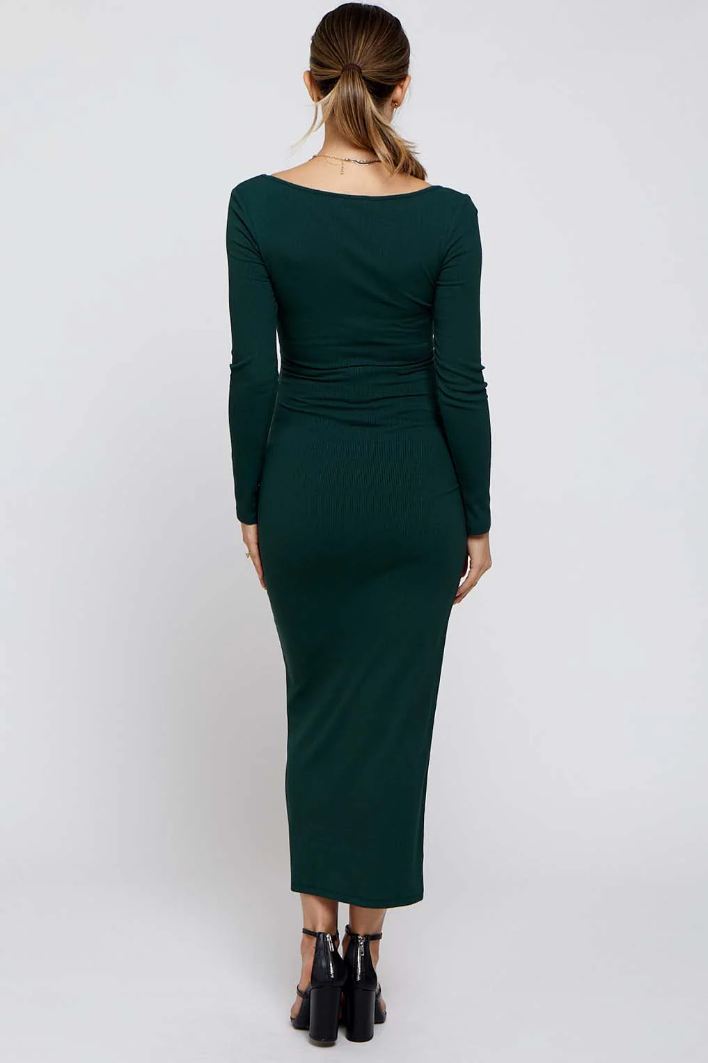 Forest Green Ribbed Scoop Neck Maternity Midi Dress - Image 3