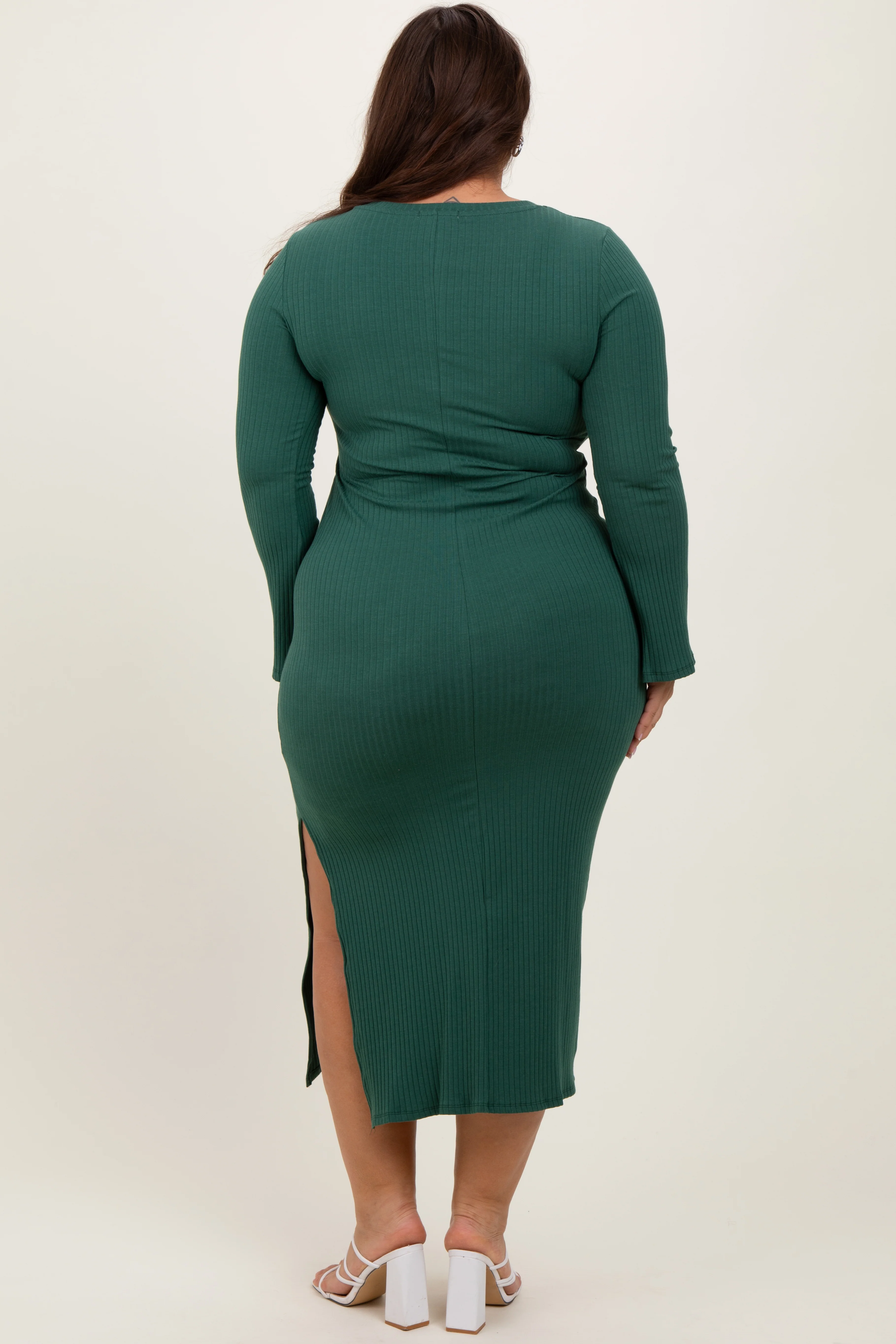 Forest Green Ribbed Side Slit Plus Maxi Dress - Image 4