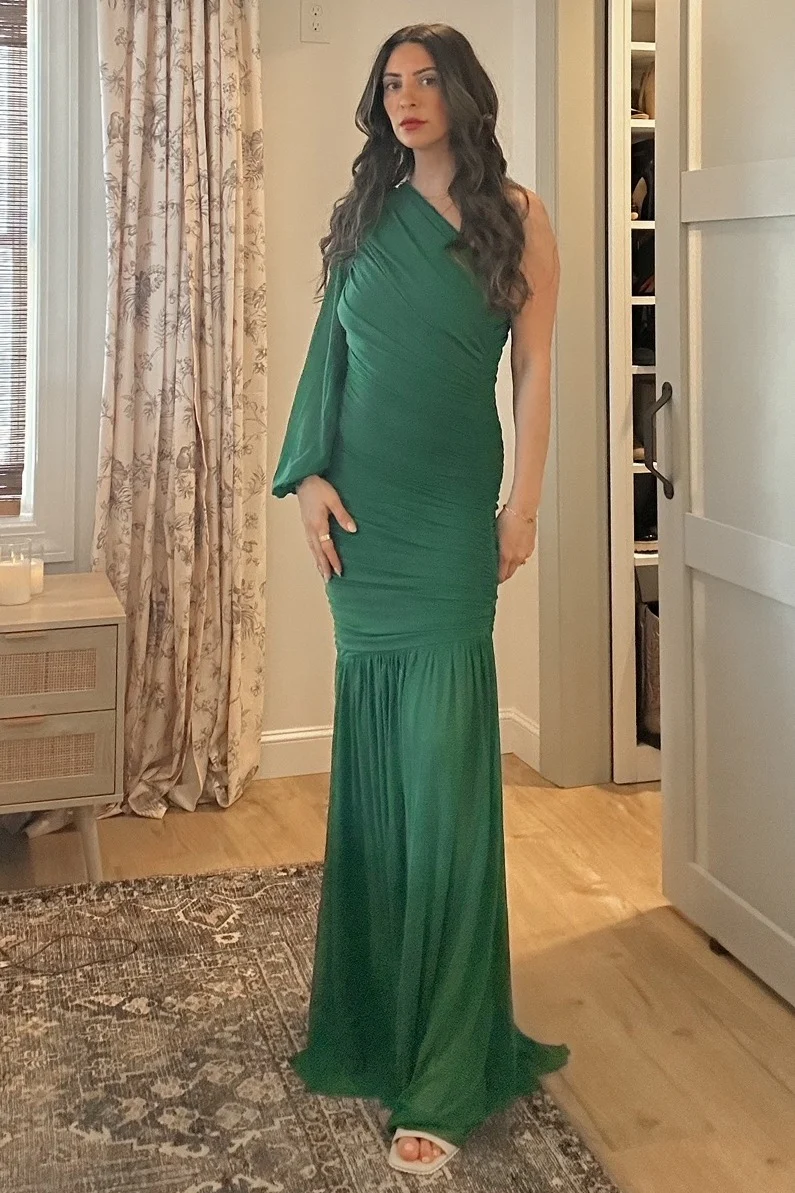Forest Green Ruched Mesh One Shoulder Asymmetric Maxi Dress - Image 4