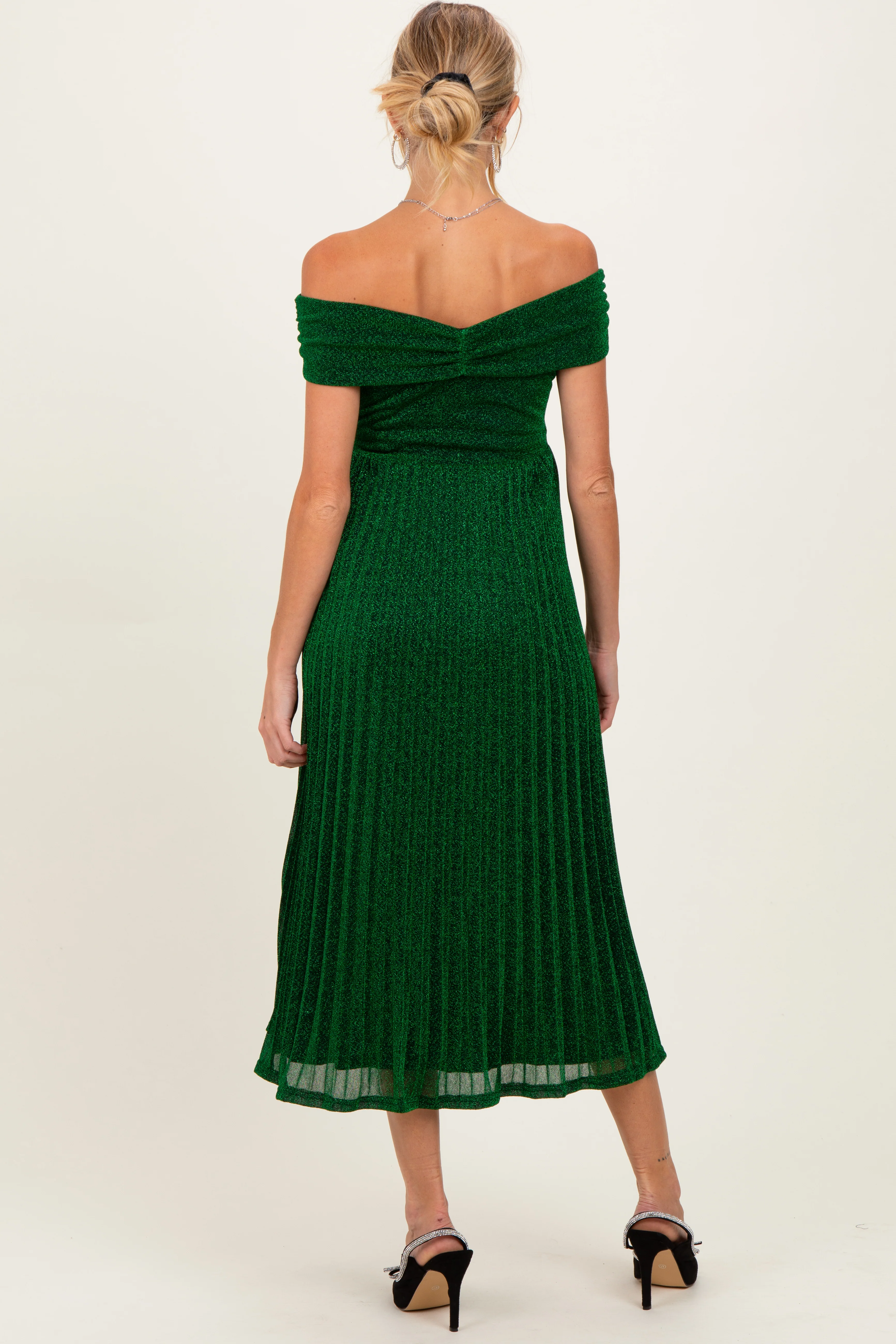 Forest Green Shimmer Off Shoulder Pleated Maternity Midi Dress - Image 3