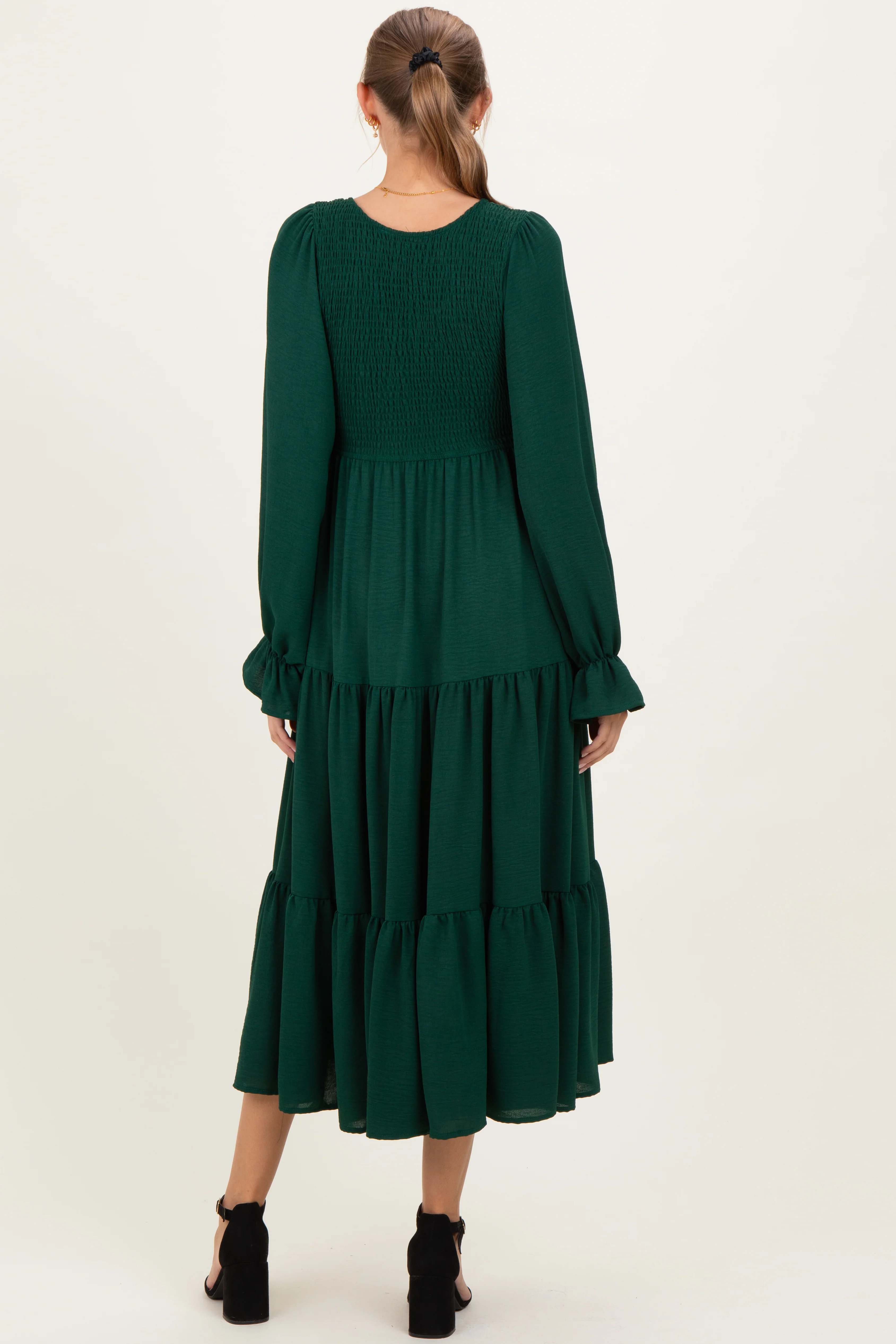 Forest Green Smocked Tiered Long Sleeve Maternity Maxi Dress - Image 4