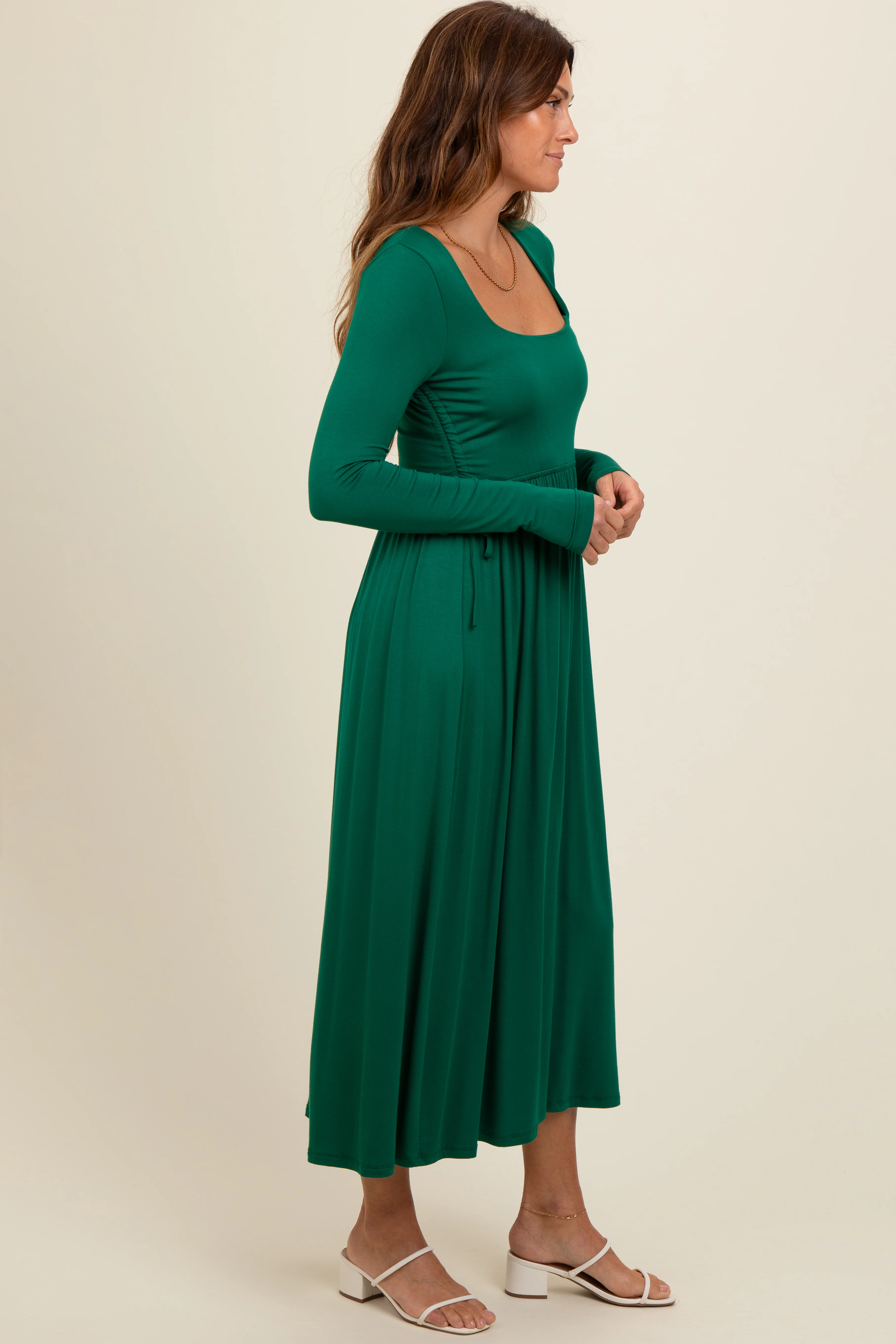 Forest Green Square Neck Long Sleeve Midi Dress - Image 3
