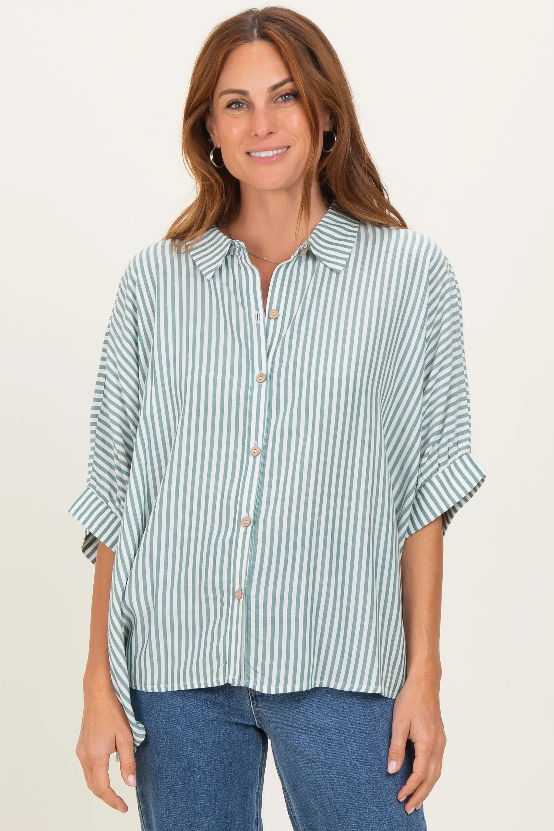 Forest Green Striped Button Up Dolman Maternity Top - Image 4
