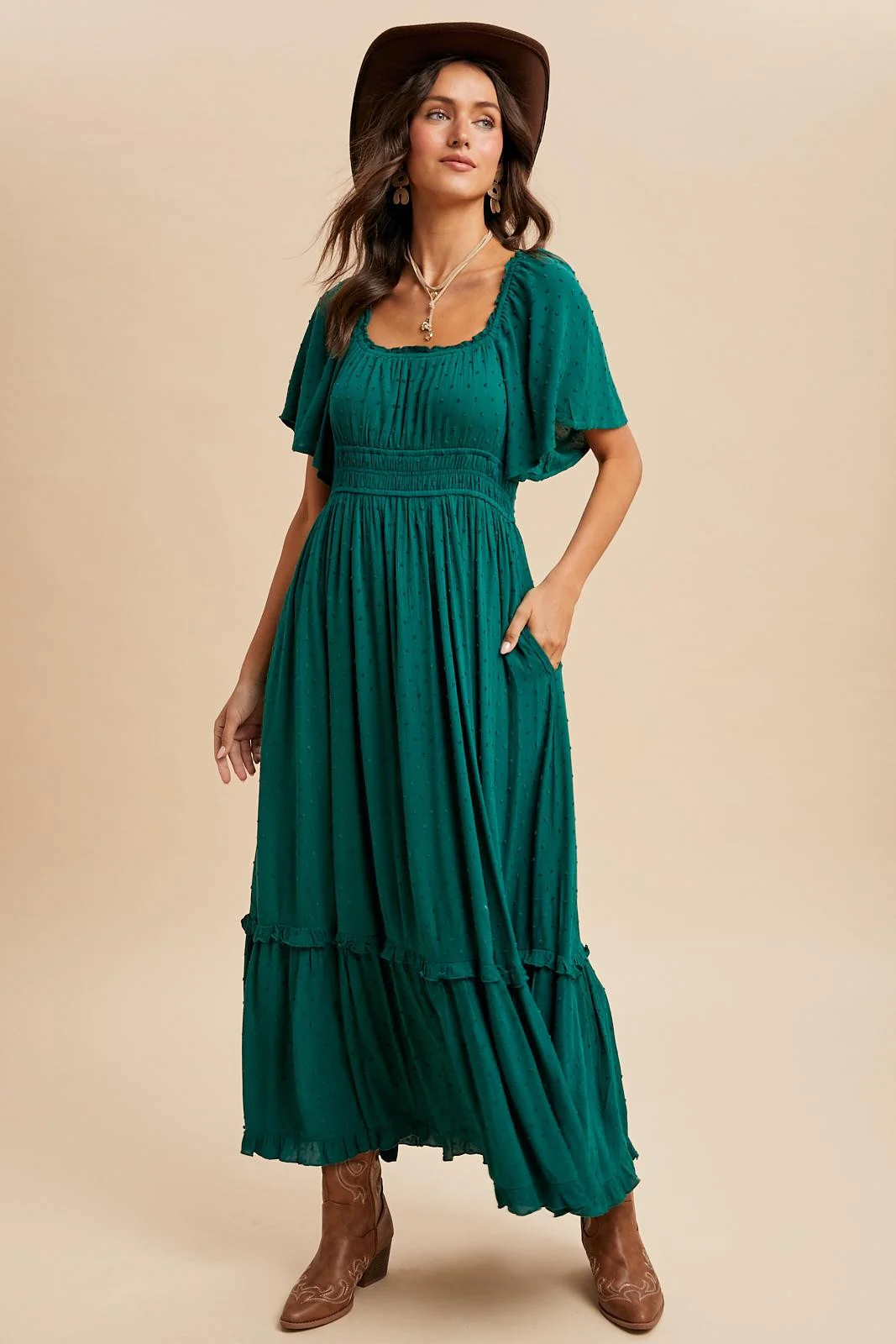 Forest Green Swiss Dot Ruffle Trim Maternity Maxi Dress - Image 6
