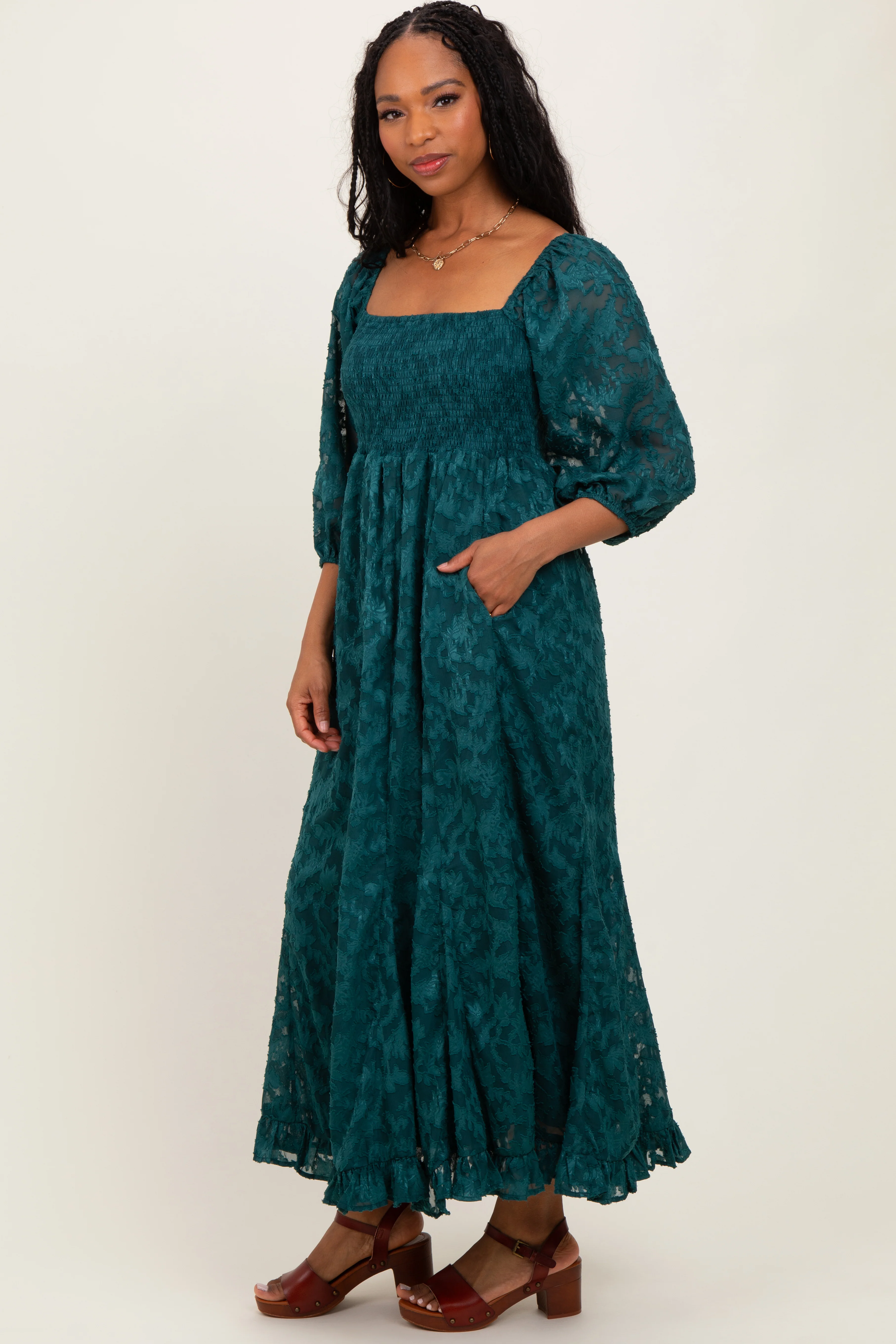 Forest Green Textured Overlay Smocked Ruffled Hem Maxi Dress - Image 3