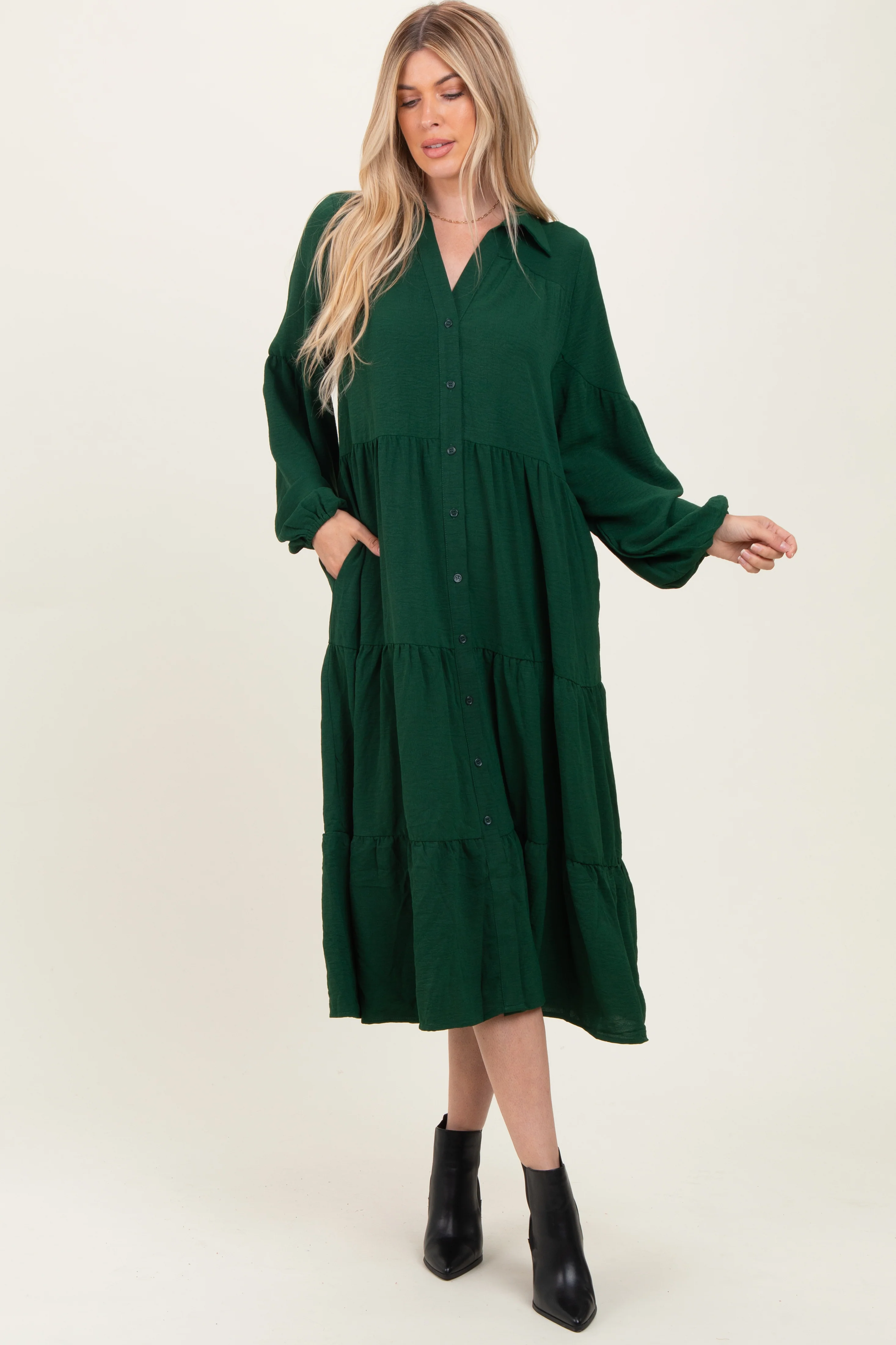 Forest Green Tiered Button Down Long Sleeve Maxi Dress - Image 2