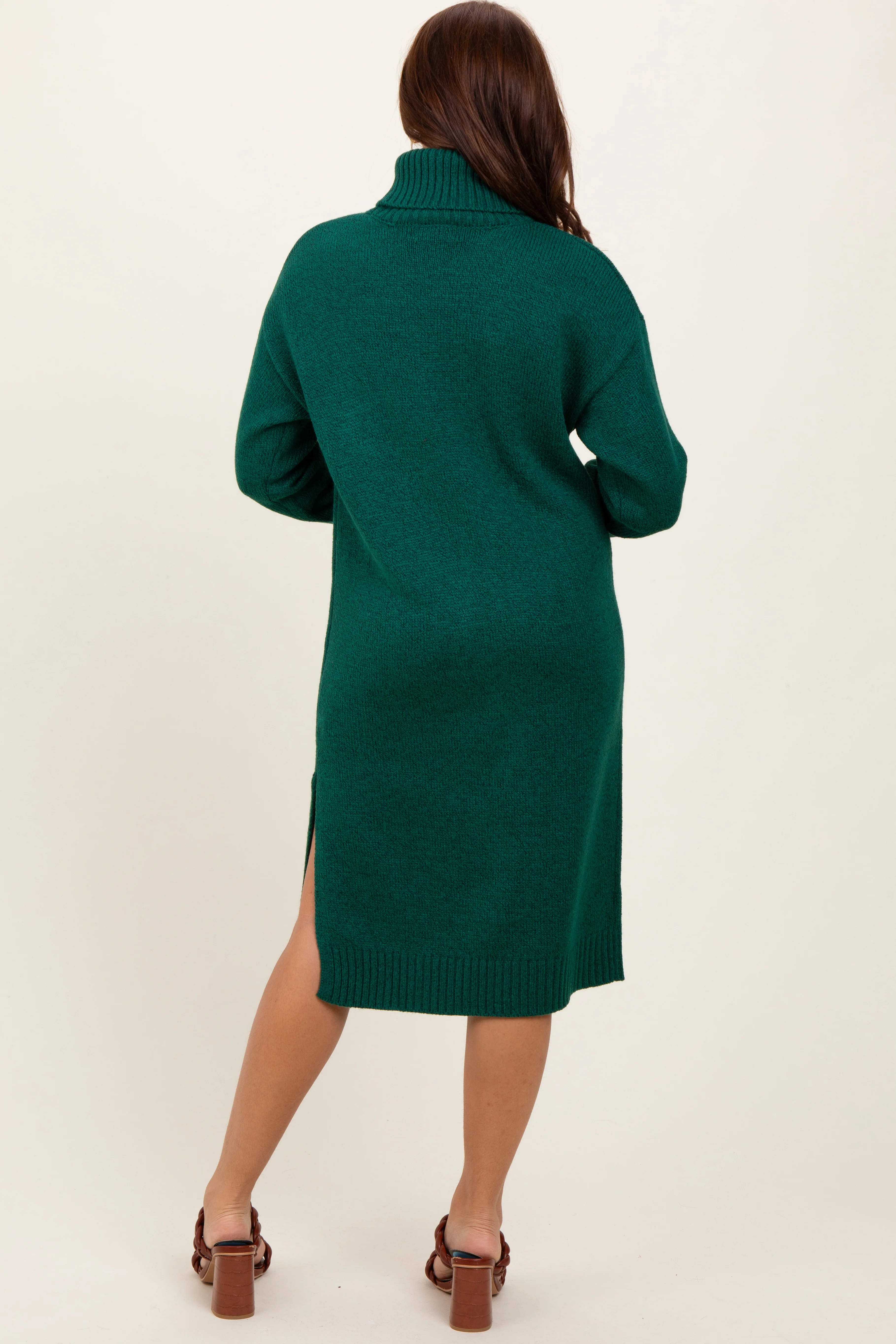 Forest Green Turtleneck Side Slit Midi Sweater Dress - Image 3