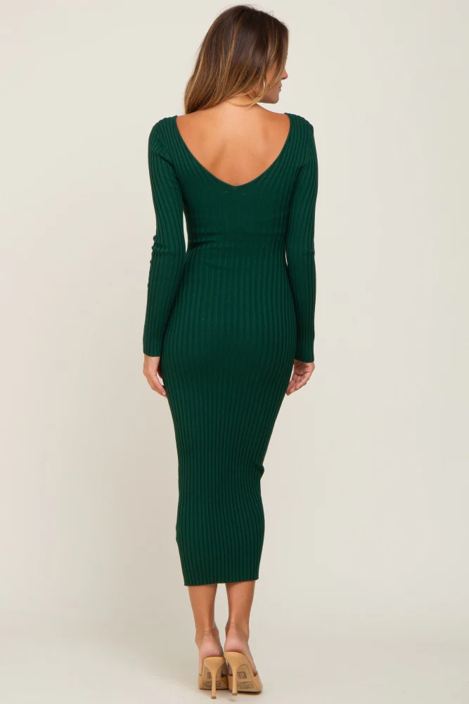 Forest Green V-Neck Long Sleeve Fitted Maxi Dress - Image 4