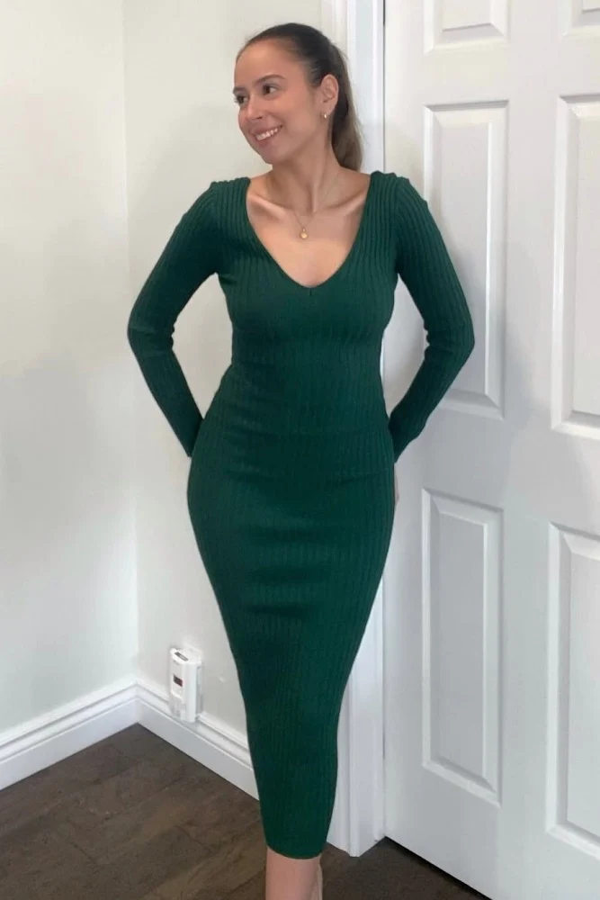 Forest Green V-Neck Long Sleeve Fitted Maxi Dress - Image 7