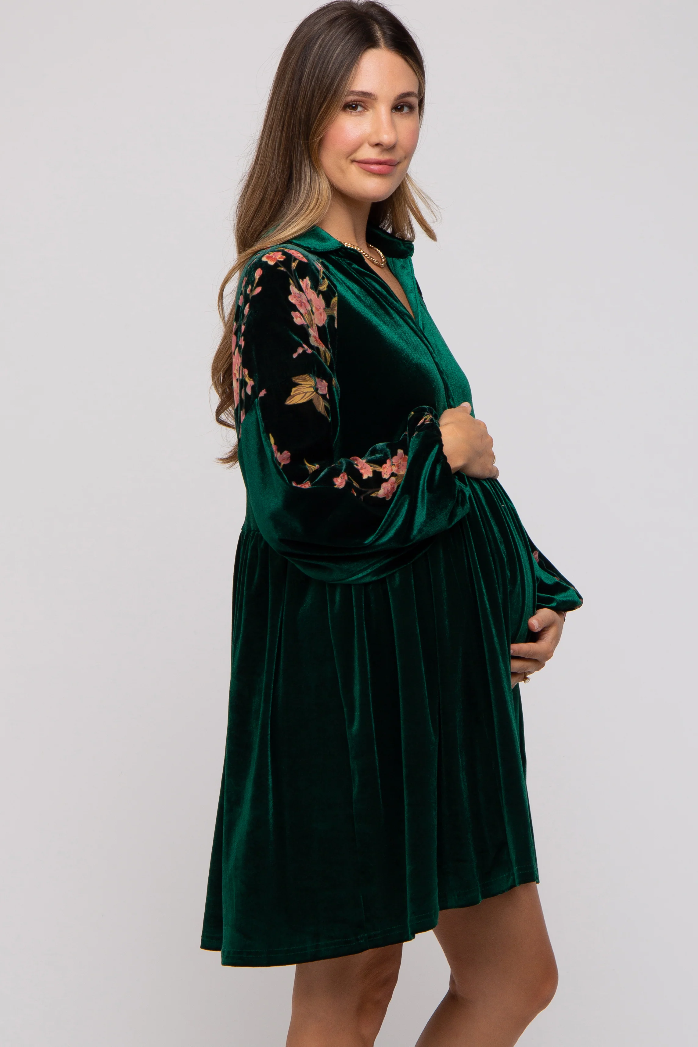 Forest Green Velvet Floral Long Sleeve Maternity Dress - Image 3