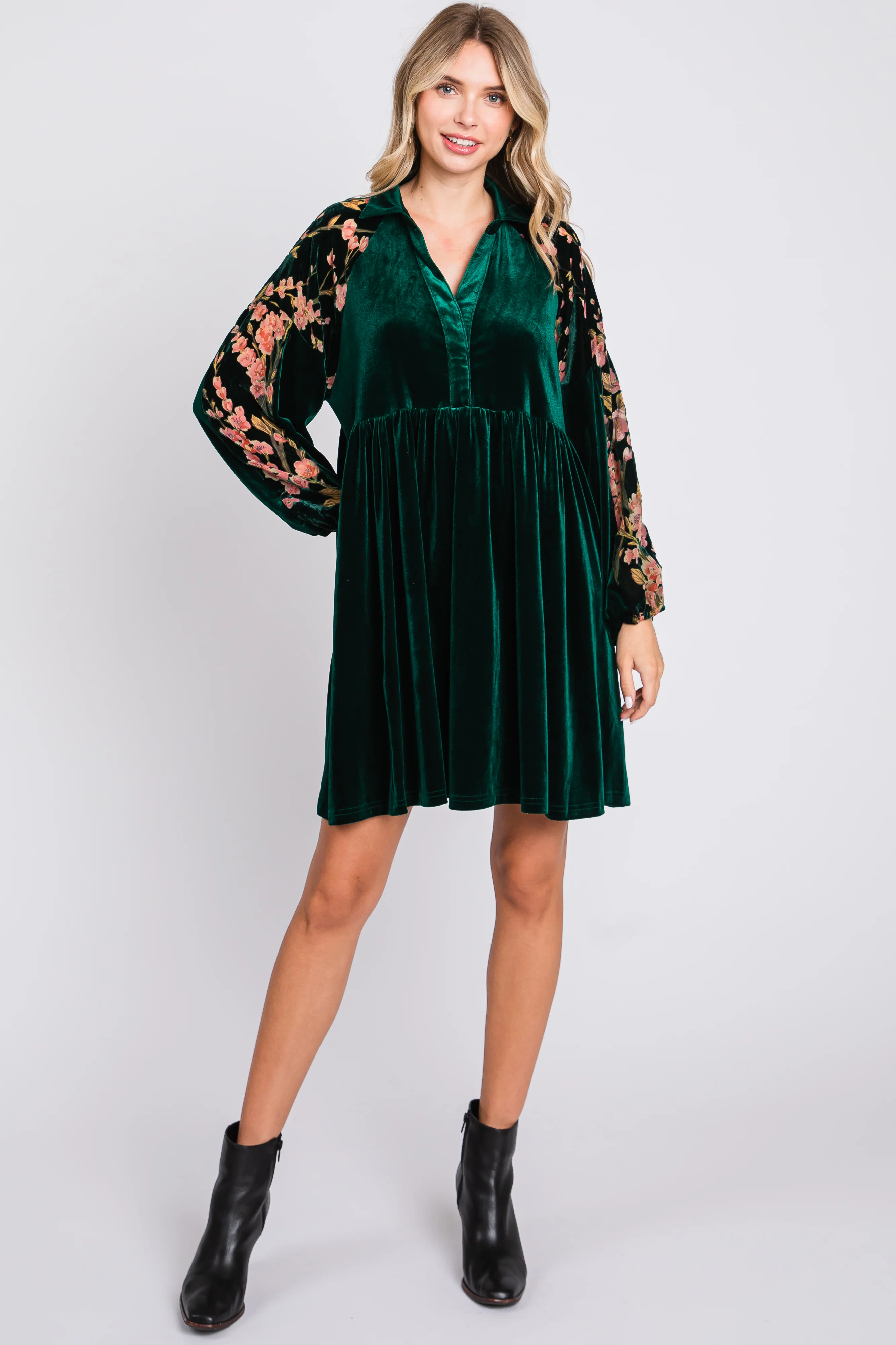 Forest Green Velvet Floral Long Sleeve Maternity Dress - Image 5