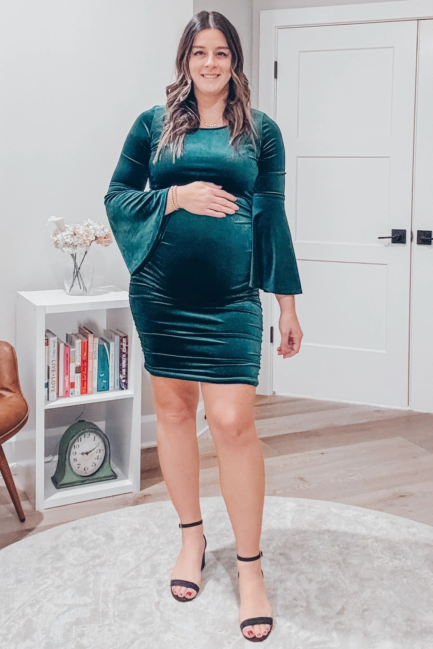 Forest Green Velvet Ruched Bell Sleeve Maternity Dress - Image 10