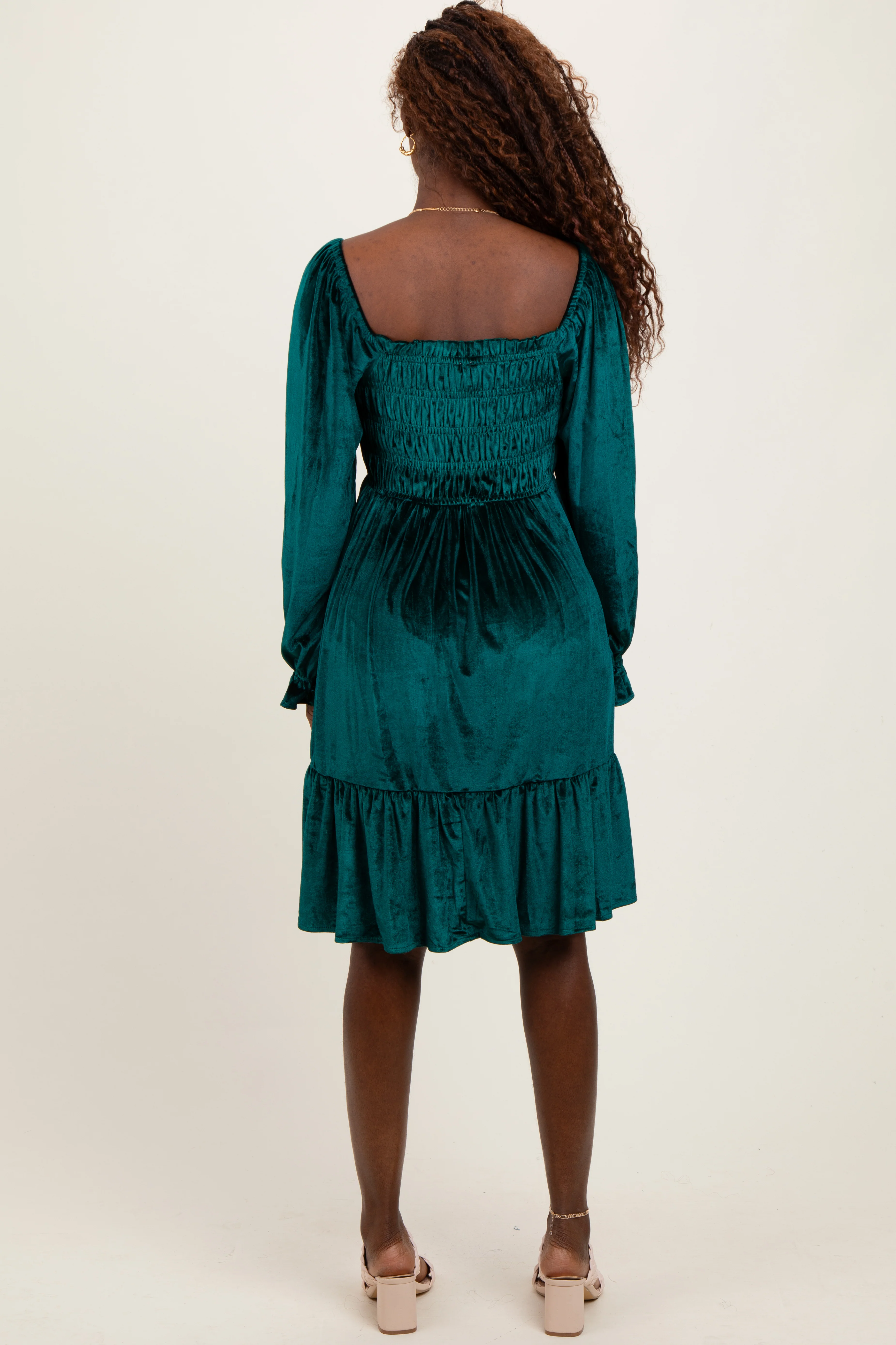 Forest Green Velvet Smocked Long Sleeve Dress - Image 3