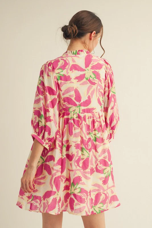 Fuchsia Abstract Floral Front Tie 3/4 Sleeve Dress - Image 3