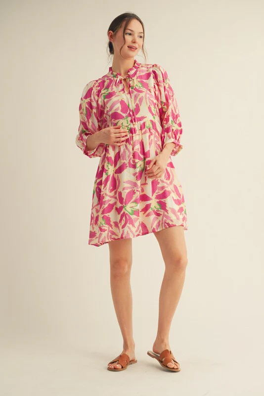 Fuchsia Abstract Floral Front Tie 3/4 Sleeve Dress - Image 4