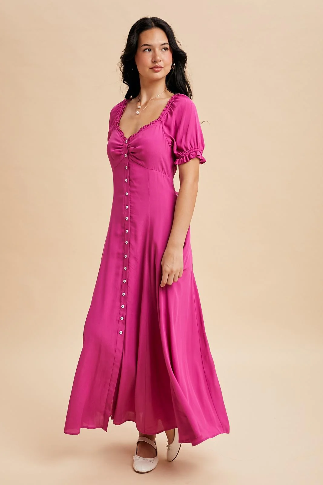 Fuchsia Button Down Ruffle Trim Maxi Dress - Image 3
