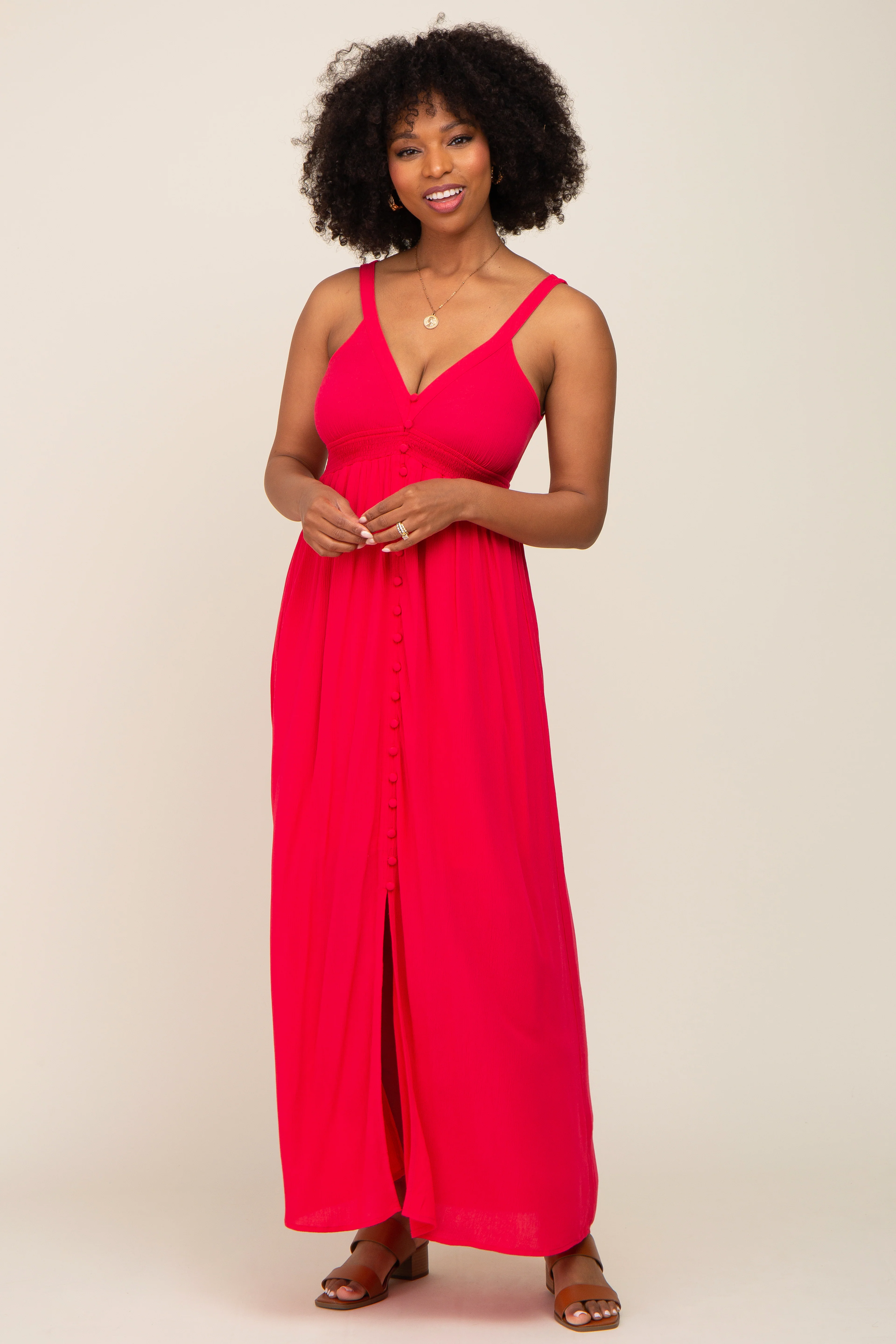 Fuchsia Button Front Accent Maternity Maxi Dress - Image 6