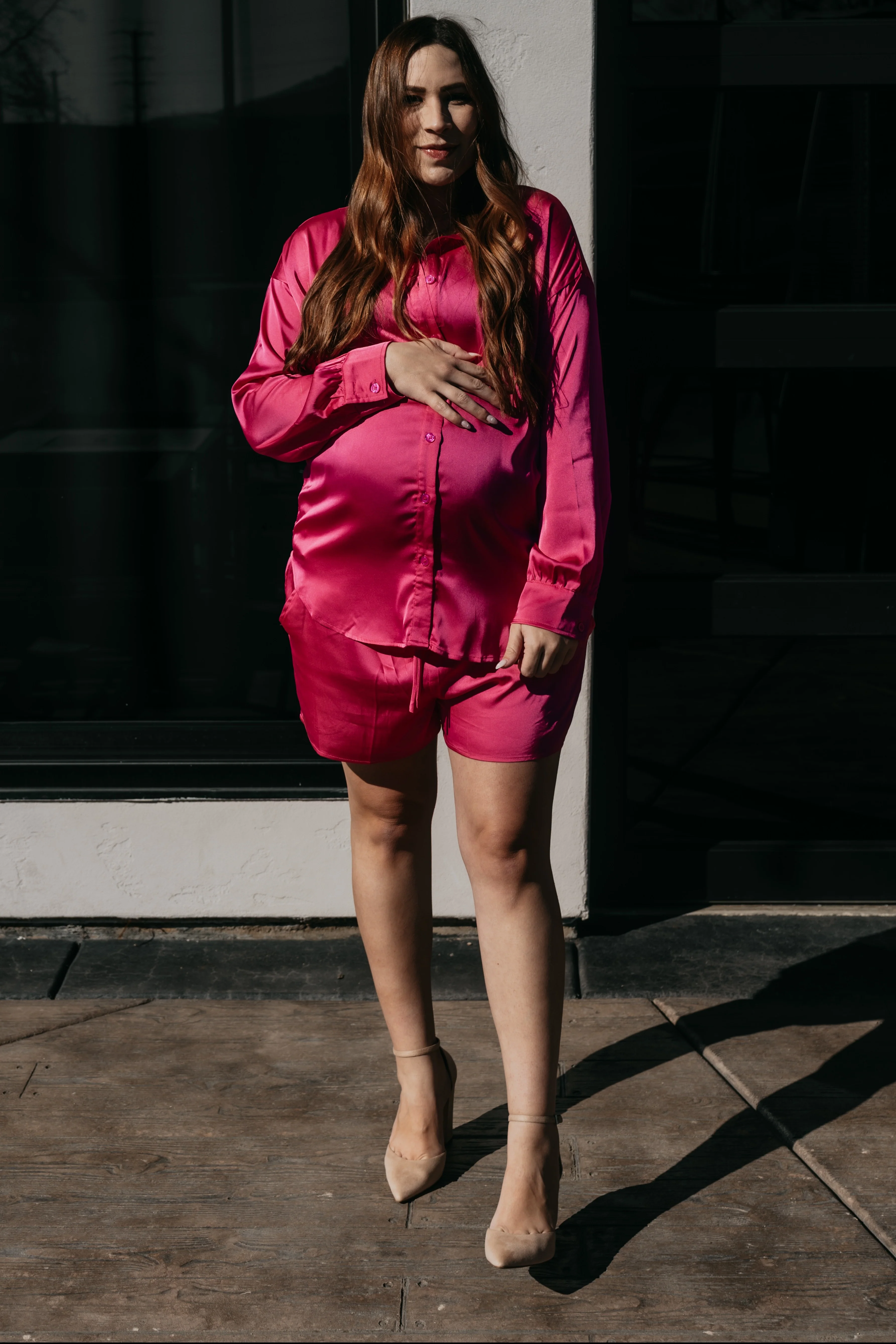 Fuchsia Button Up and Short Satin Maternity Set - Image 5