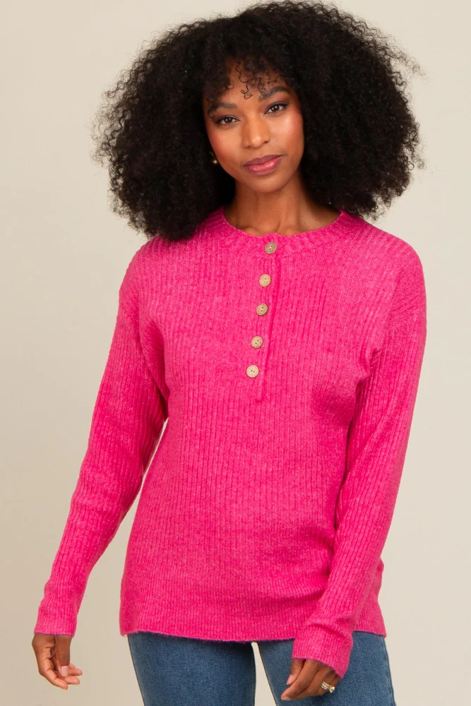 Fuchsia Buttoned Up Sweater Knit Maternity Top - Image 7
