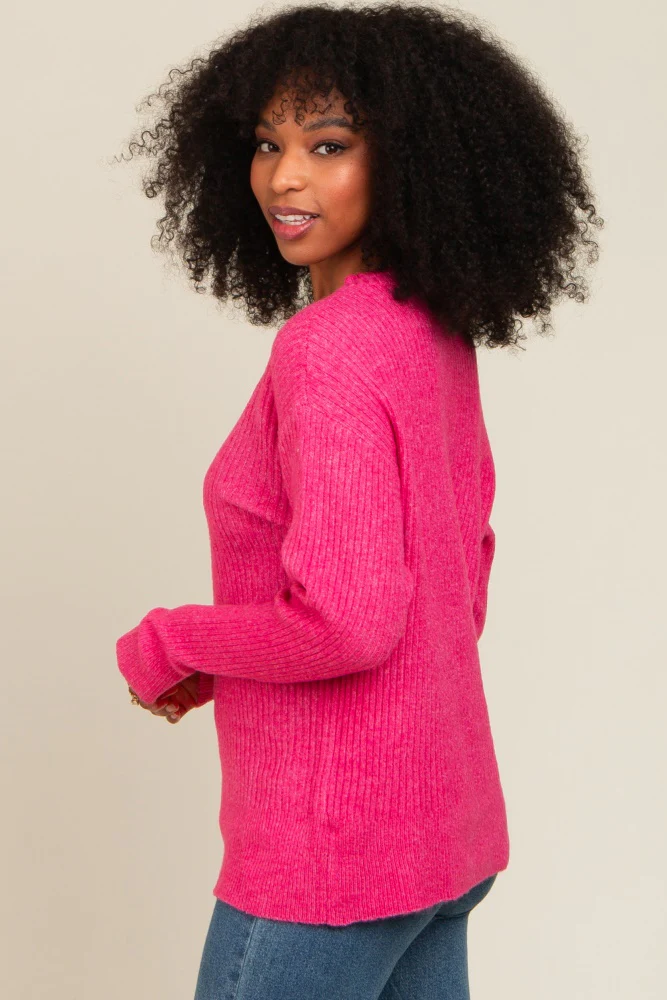 Fuchsia Buttoned Up Sweater Knit Top - Image 3