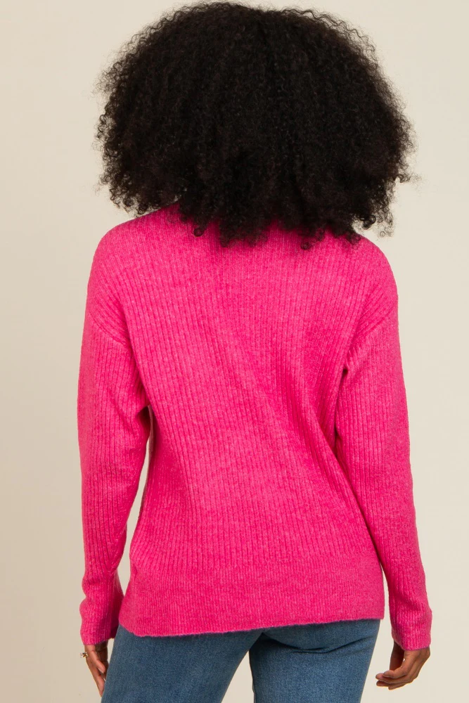 Fuchsia Buttoned Up Sweater Knit Top - Image 4