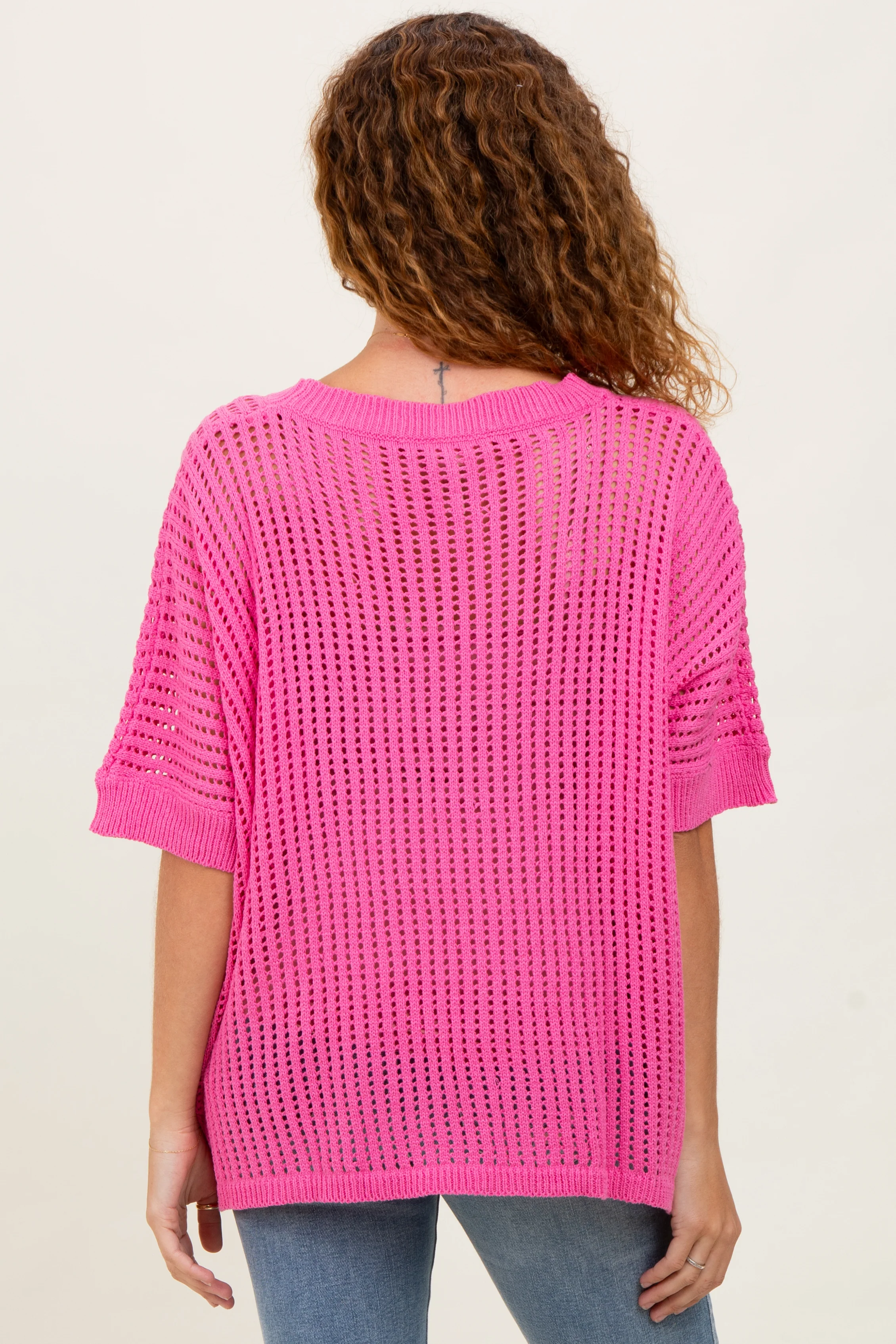 Fuchsia Crochet Knit Short Dolman Sleeve Top - Image 3