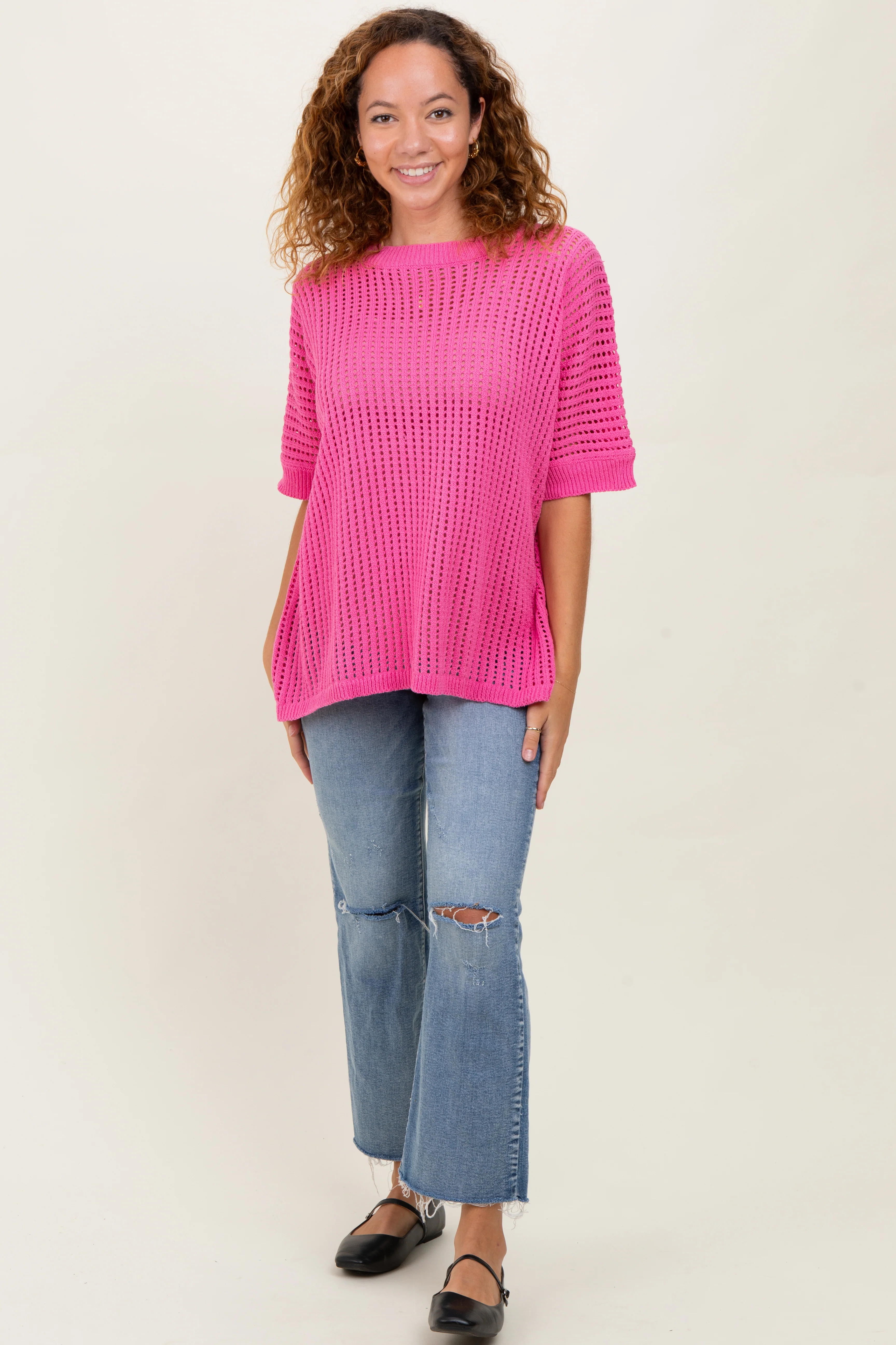 Fuchsia Crochet Knit Short Dolman Sleeve Top - Image 4