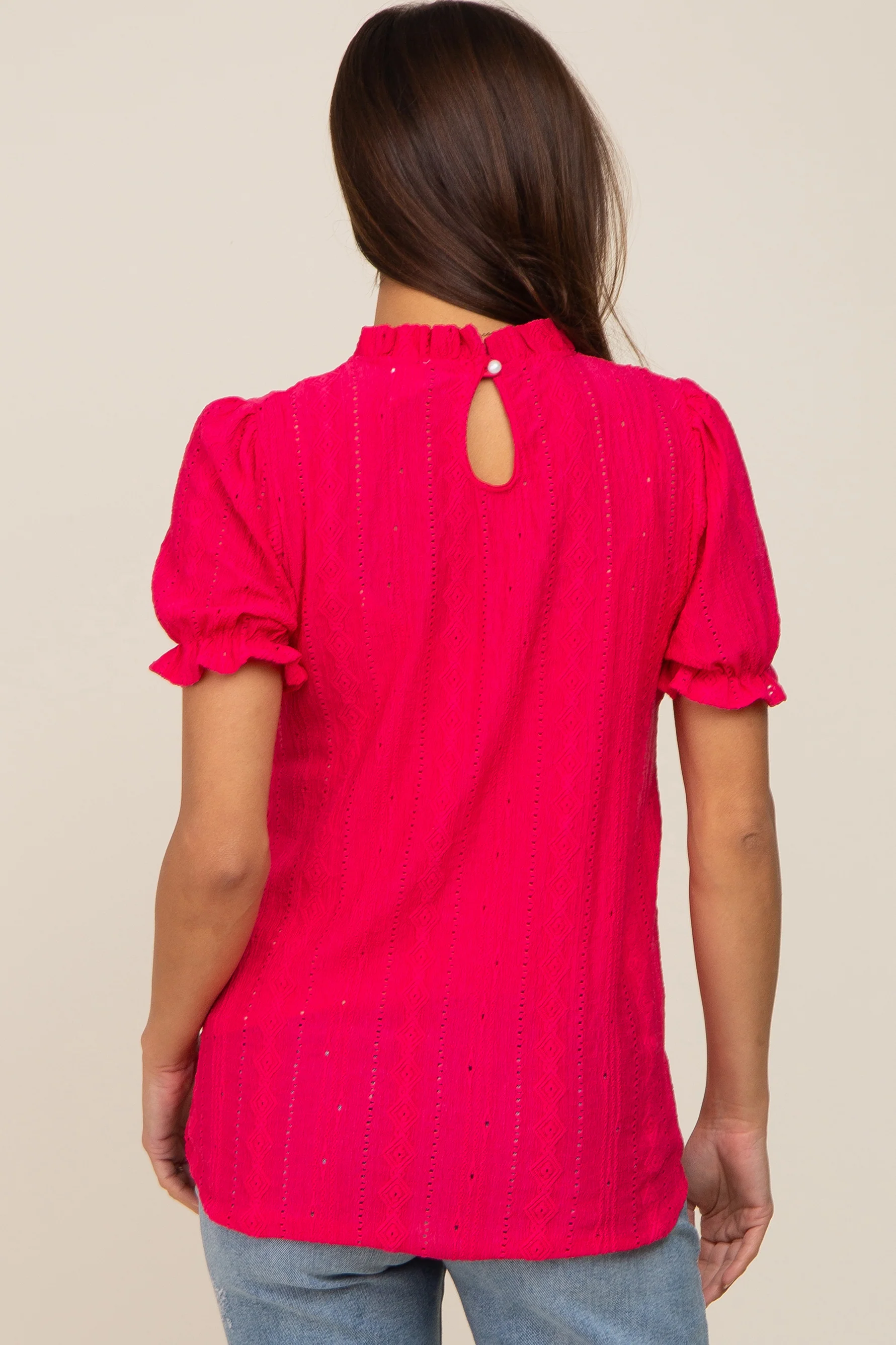Fuchsia Eyelet Textured Mock Neck Maternity Top - Image 3