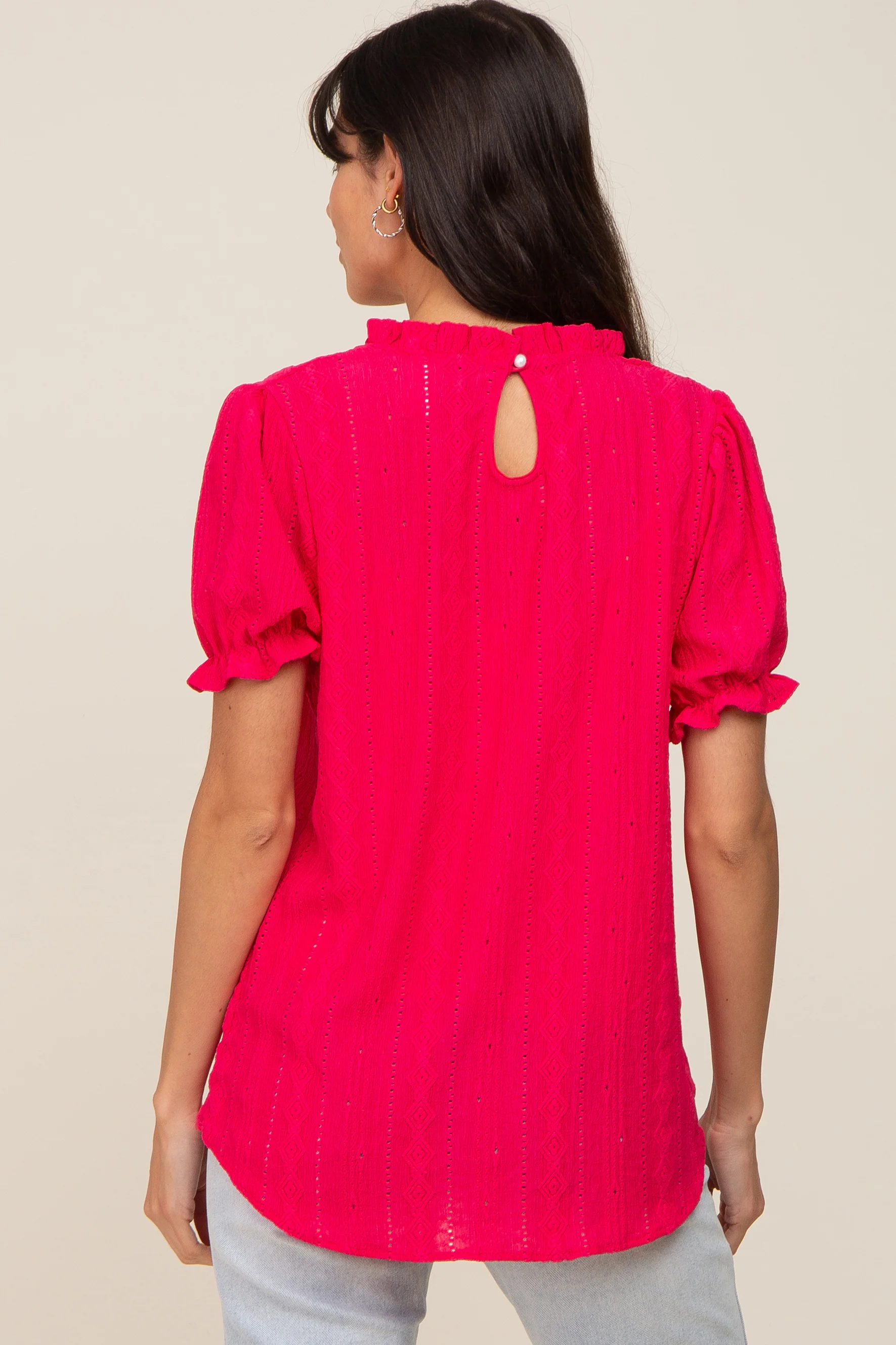 Fuchsia Eyelet Textured Mock Neck Top - Image 3