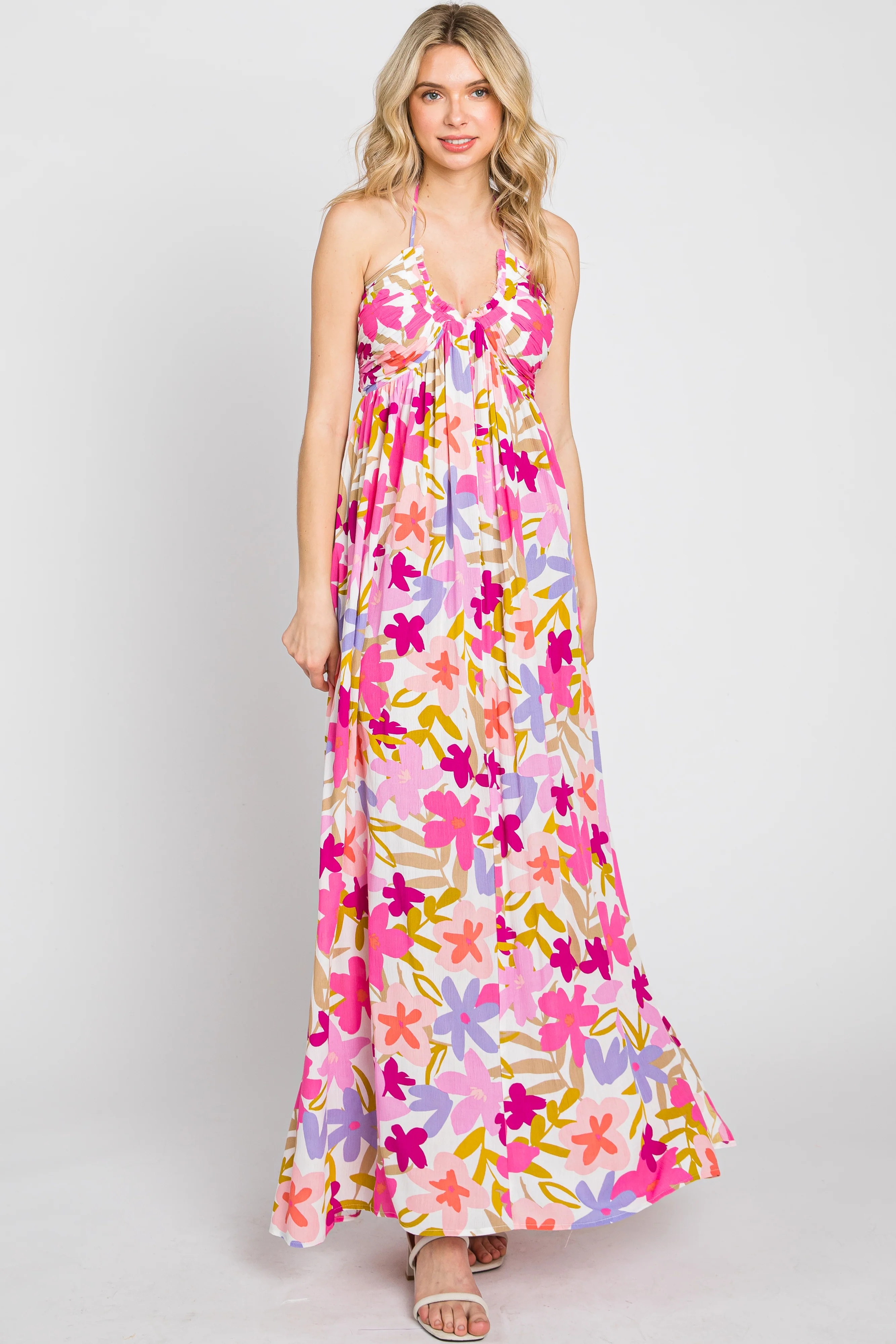 Fuchsia Floral Deep V Halter Maternity Maxi Dress - Image 6
