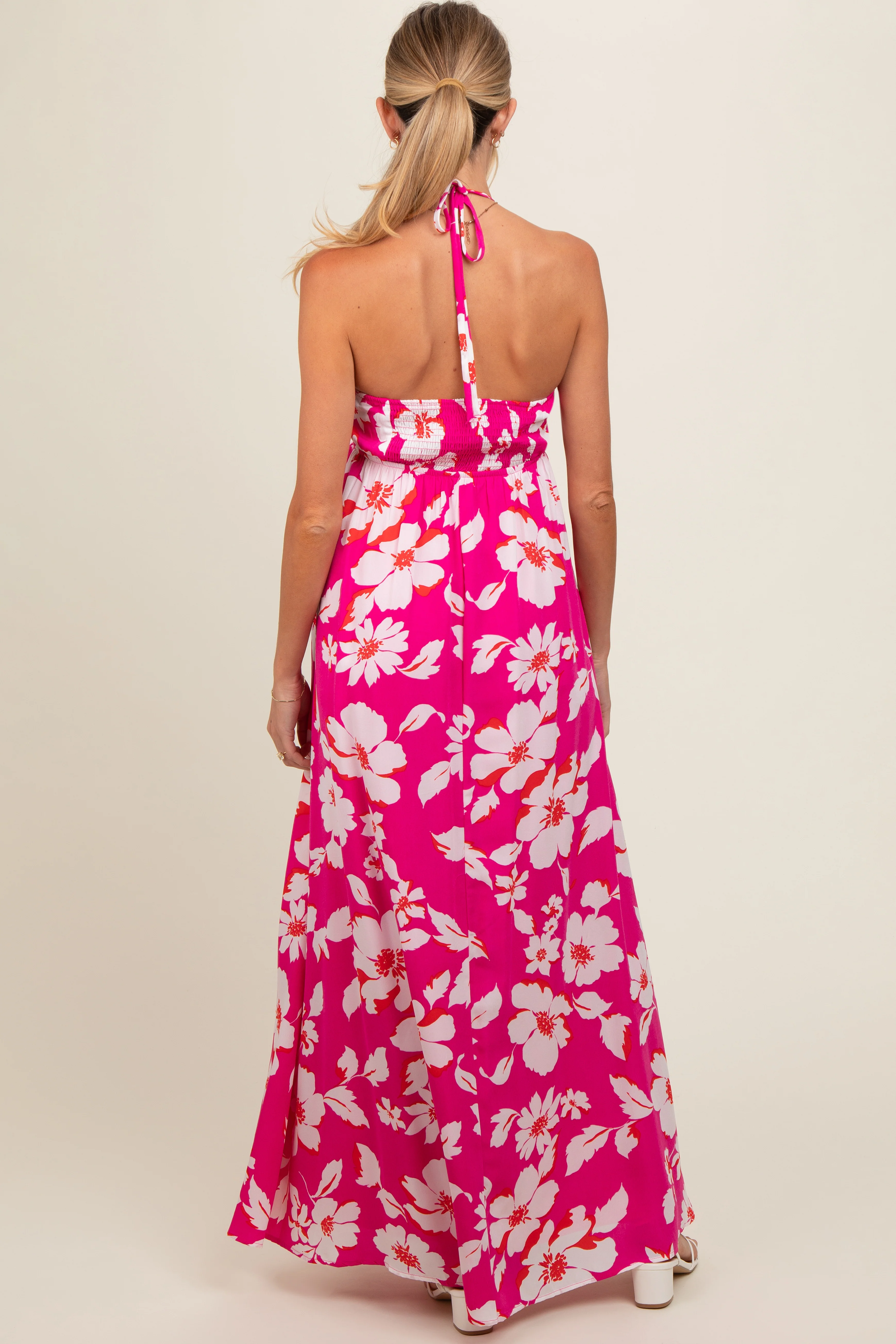 Fuchsia Floral Halter Neck Maternity Maxi Dress - Image 4