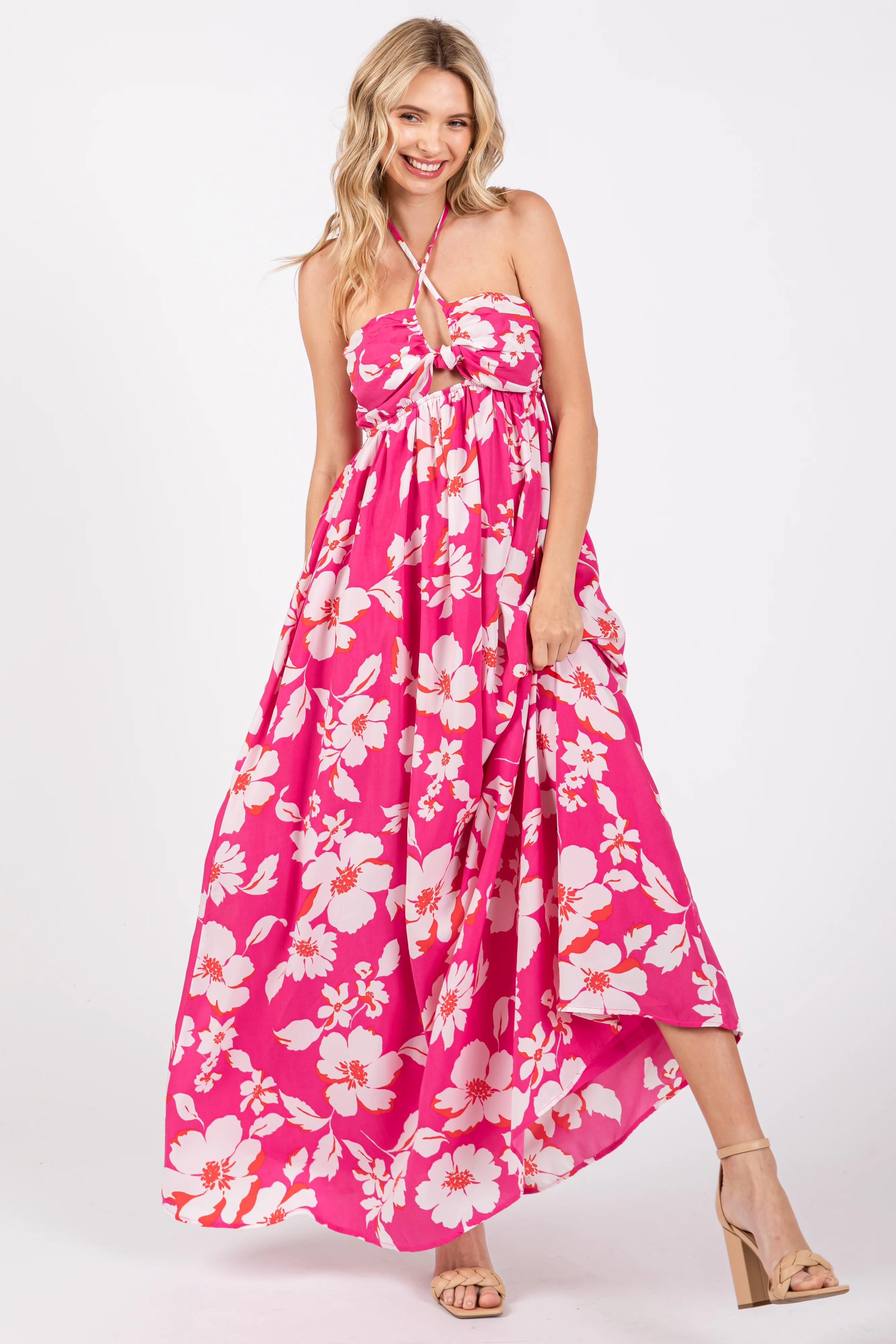 Fuchsia Floral Halter Neck Maxi Dress - Image 4