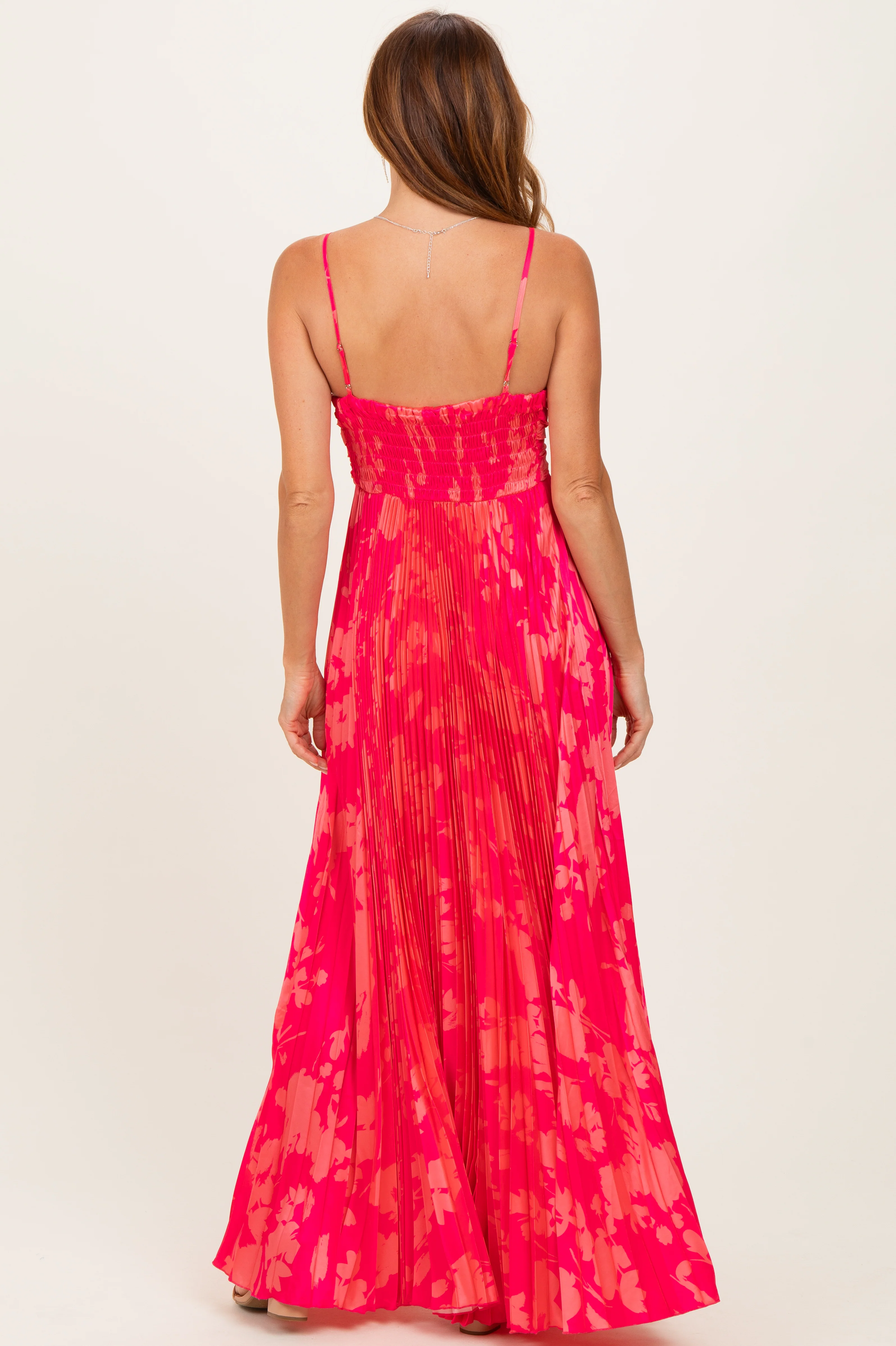 Fuchsia Floral Pleated Satin Maxi Dress - Image 3