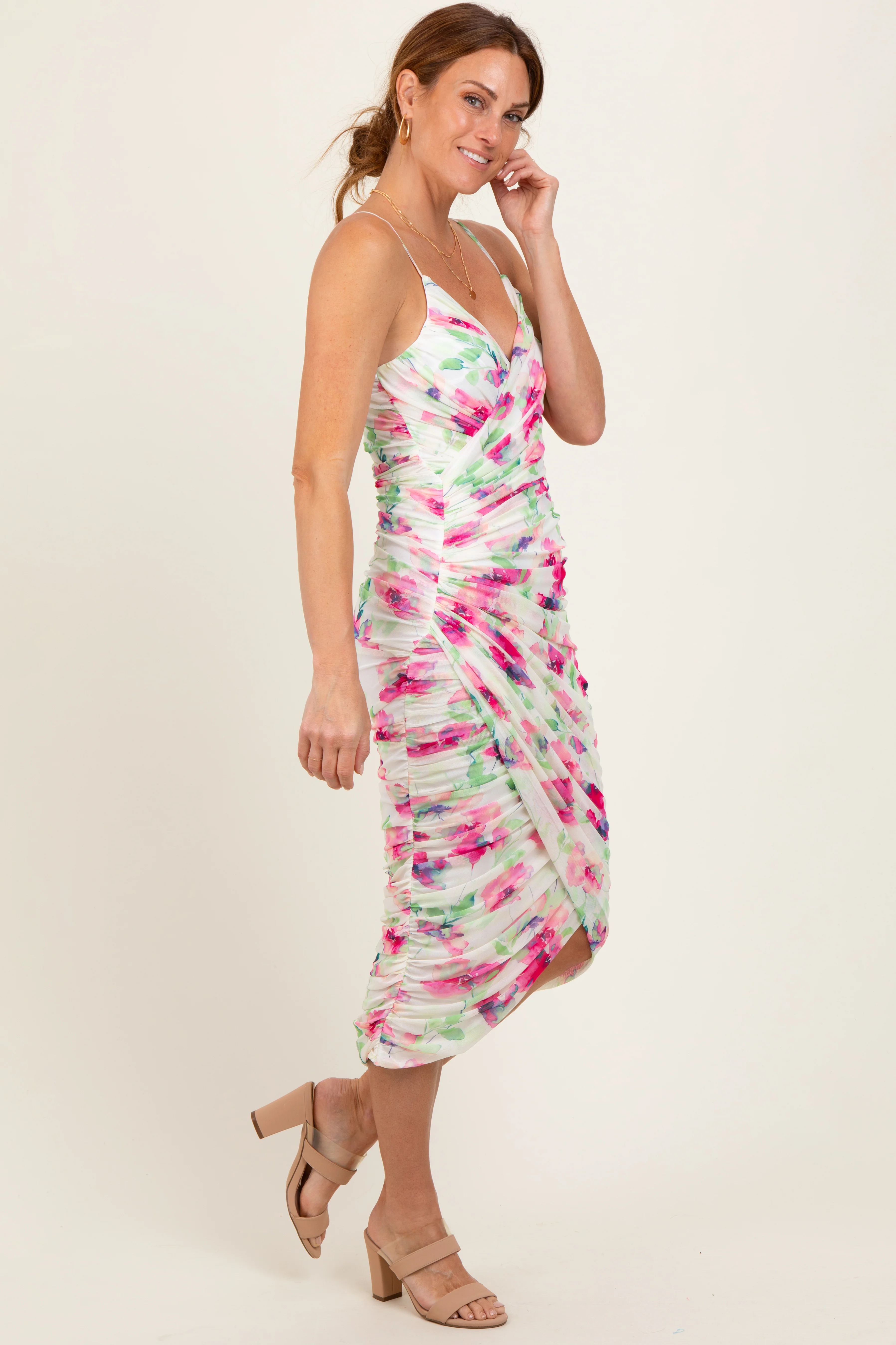 Fuchsia Floral Ruched Tulip Hem Midi Dress - Image 3