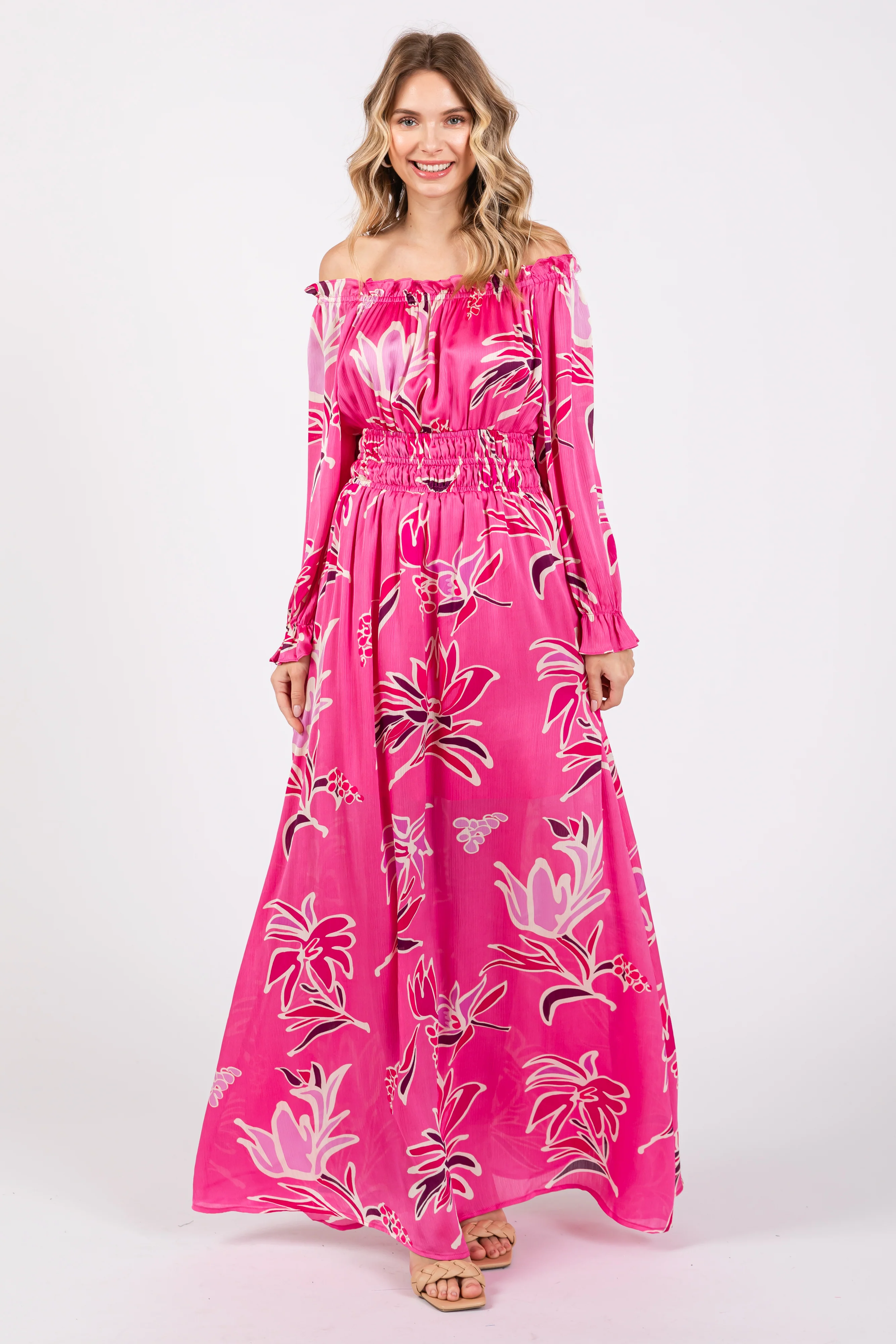 Fuchsia Floral Ruffle Neck Maternity Maxi Dress - Image 4