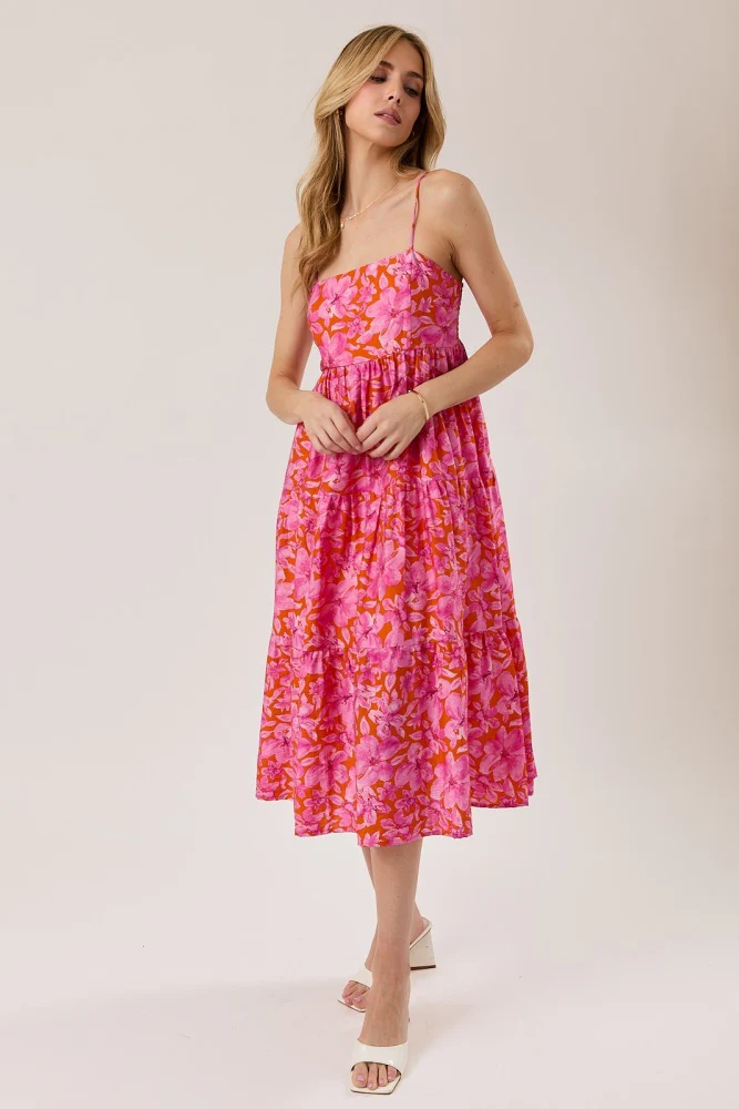 Fuchsia Floral Sleeveless Tiered Midi Dress