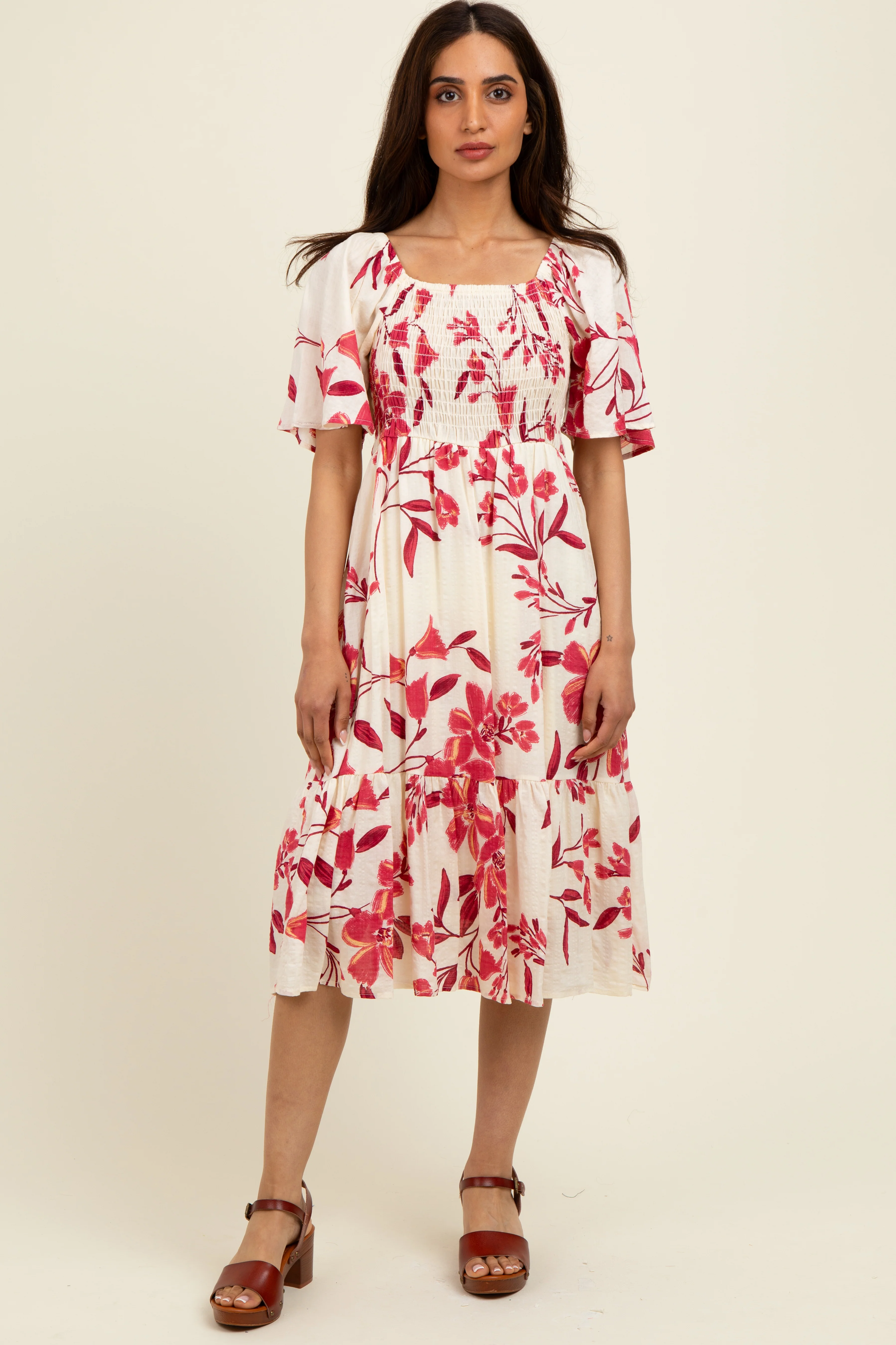 Fuchsia Floral Smocked Flutter Sleeve Maternity Midi Dress - Image 4