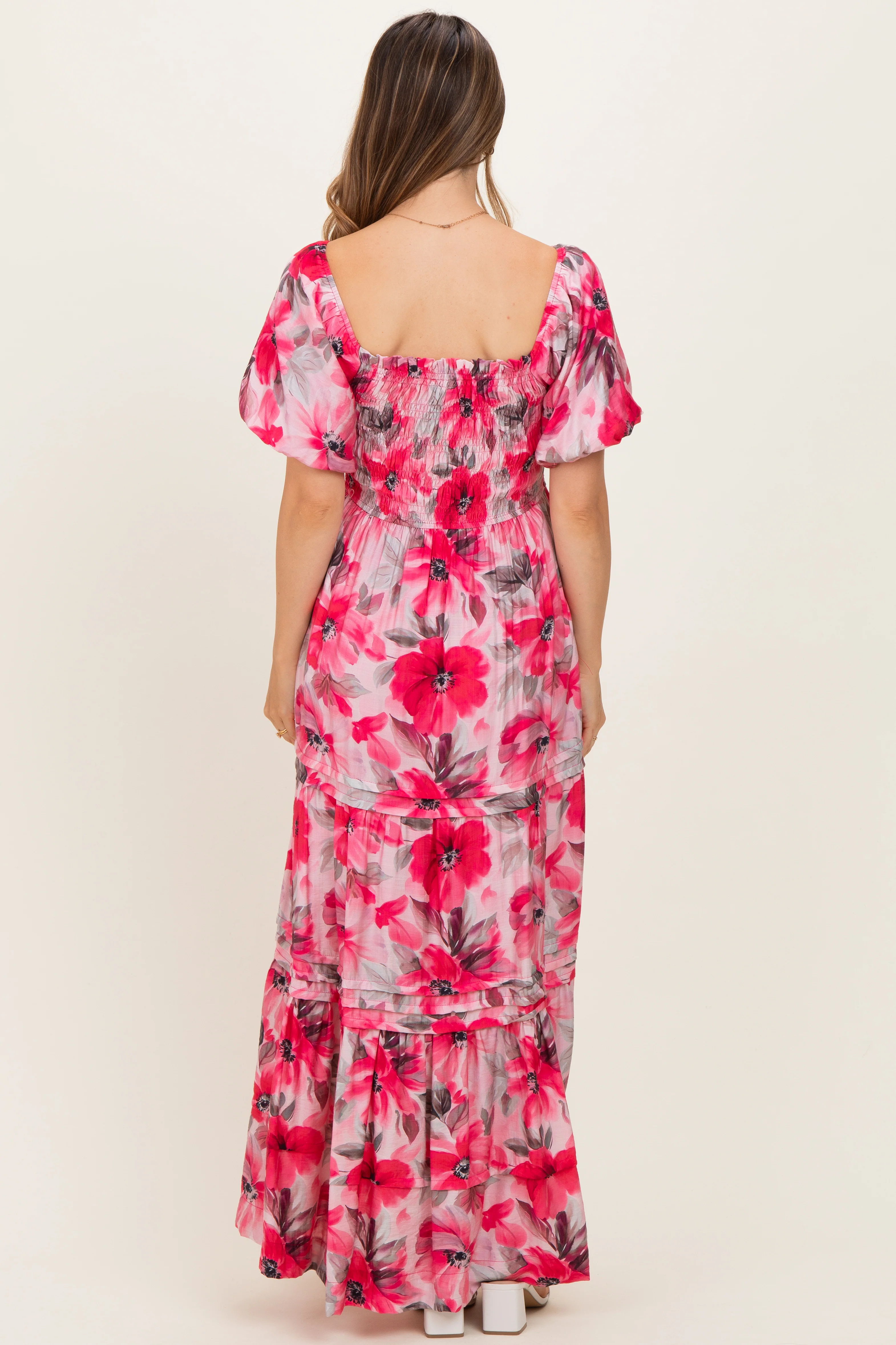Fuchsia Floral Smocked Tiered Maternity Maxi Dress - Image 3