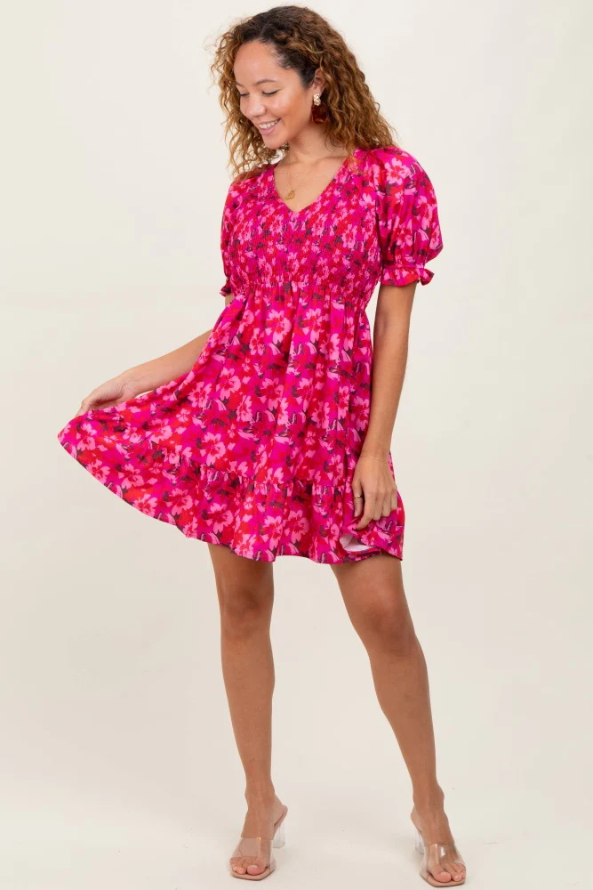 Fuchsia Floral Smocked V-Neck Ruffle Maternity Dress - Image 6